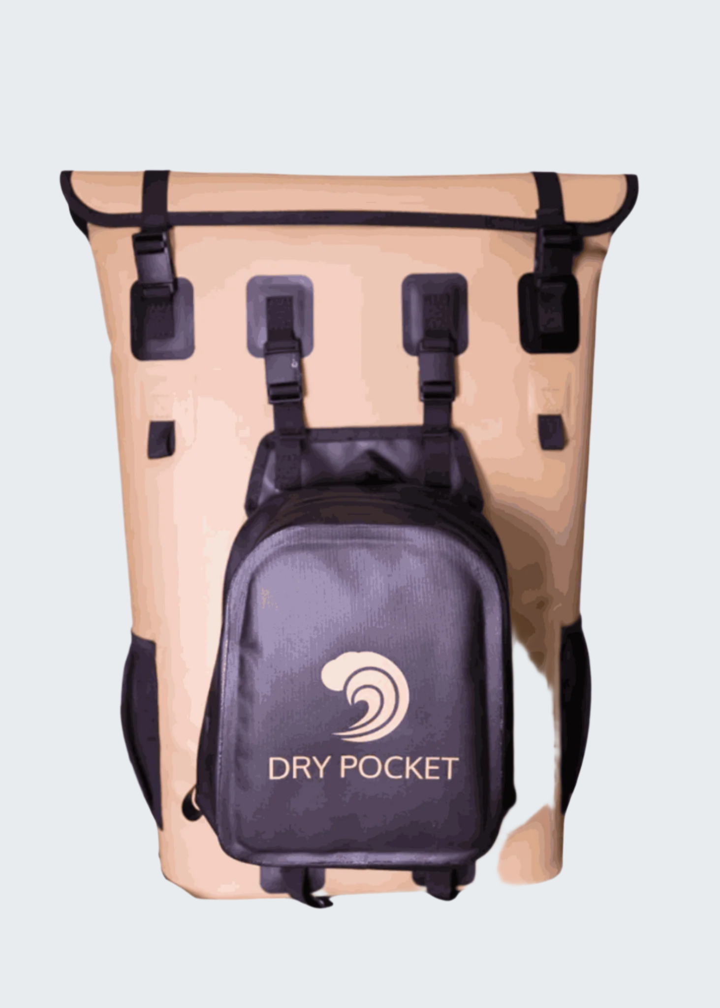 Beige waterproof bag with a black Dry Pocket branded backpack attachment on a white background