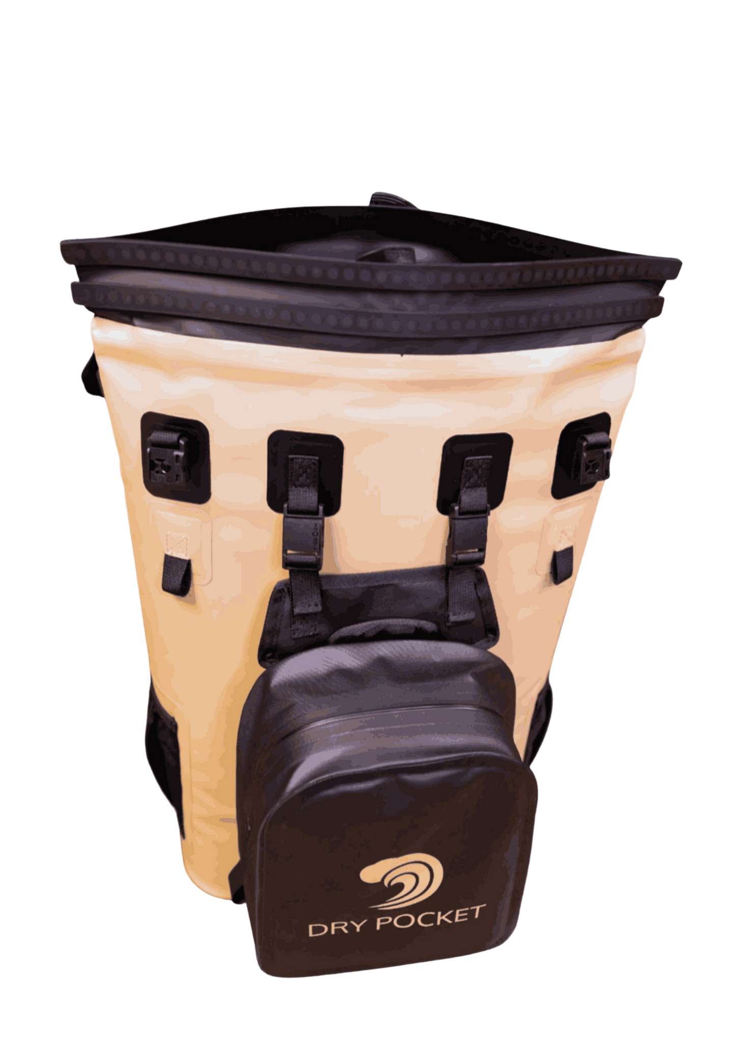 Dry pocket bag with beige body and black top and base on a white background