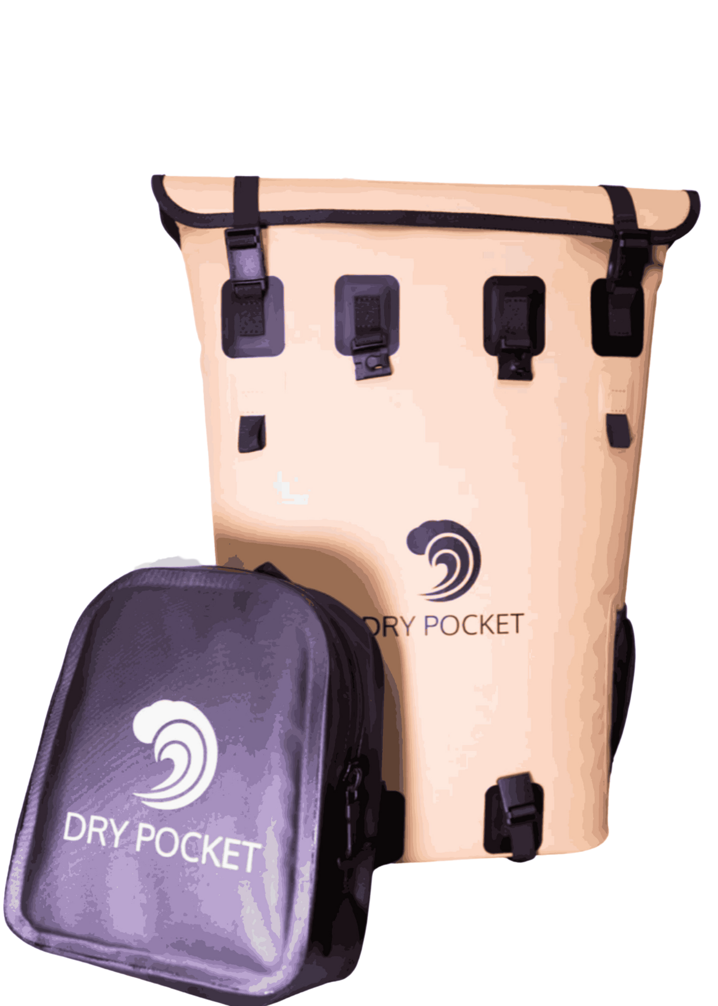 Beige waterproof bag and purple pouch with 'Dry Pocket' logo on a white background
