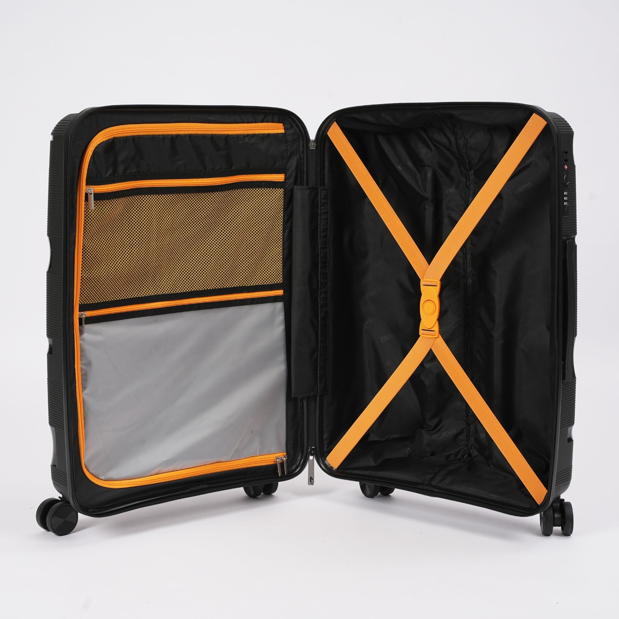 Black suitcase with orange accents on a white background