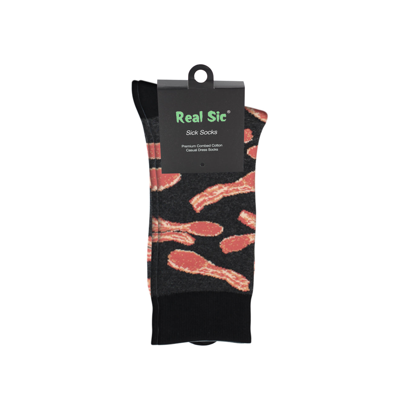 Bacon patterned socks with 'Real Sic' packaging on a white background