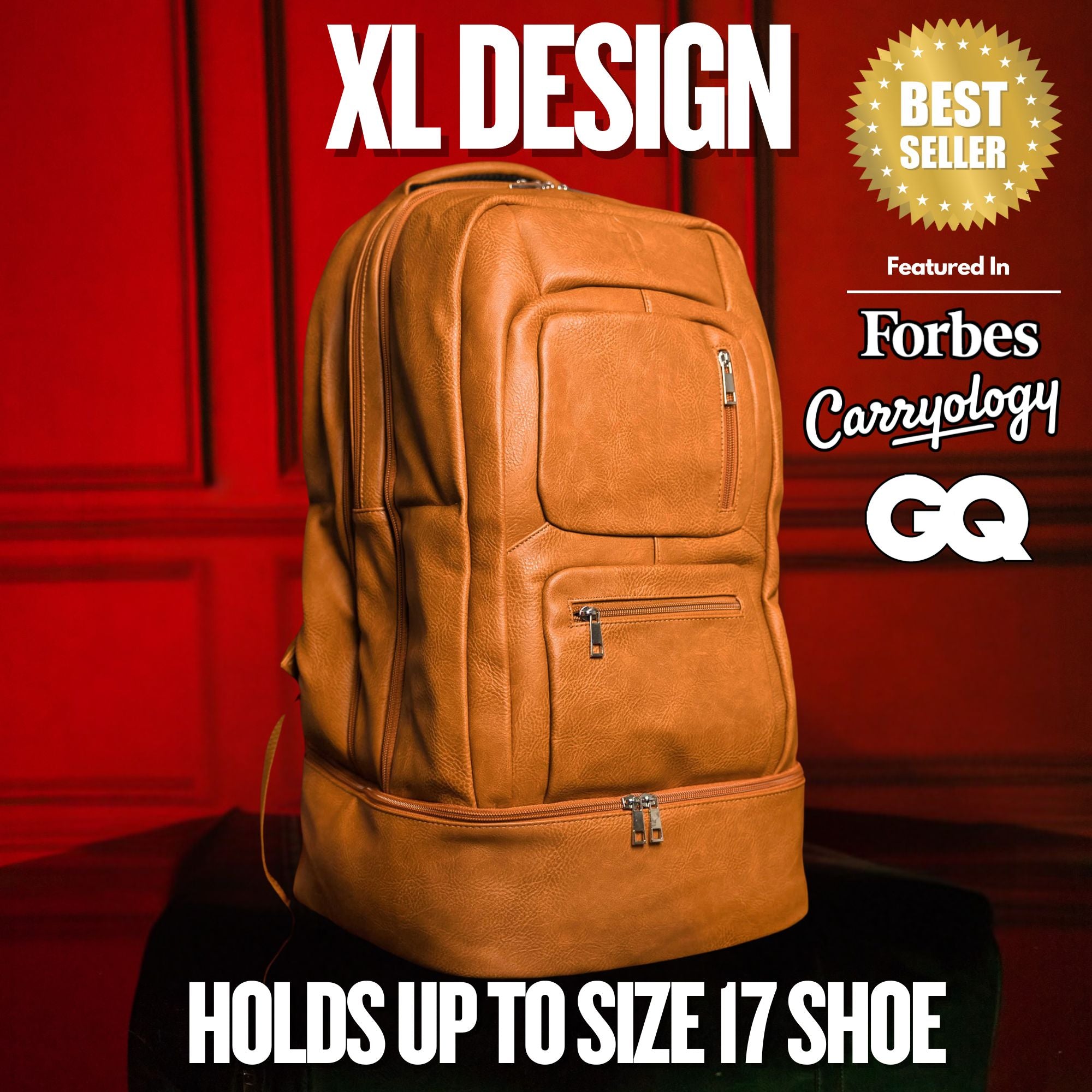 Brown leather backpack on a red background with 'XL Design' branding and accolades.