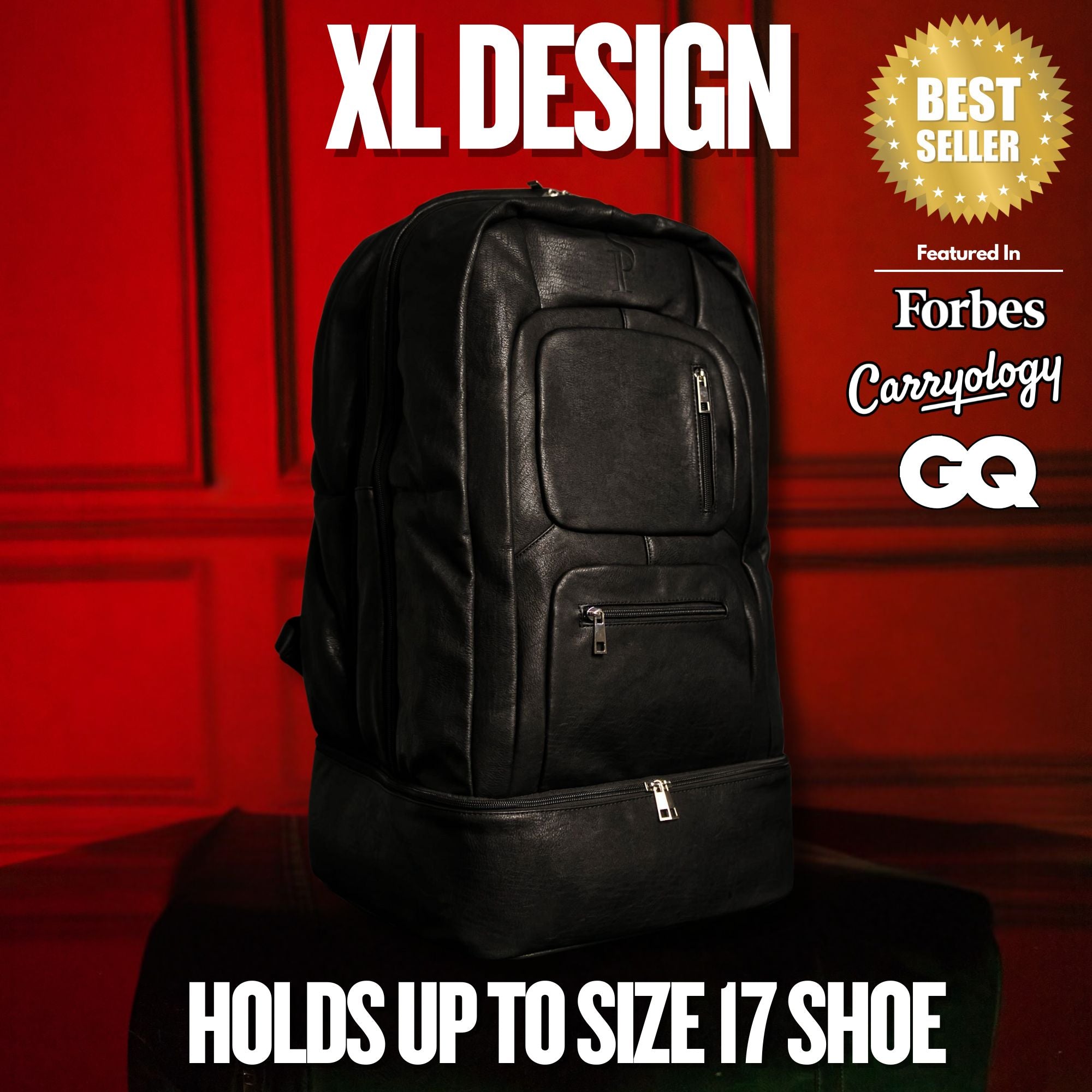Black backpack on a red background with 'XL Design' branding and accolades.
