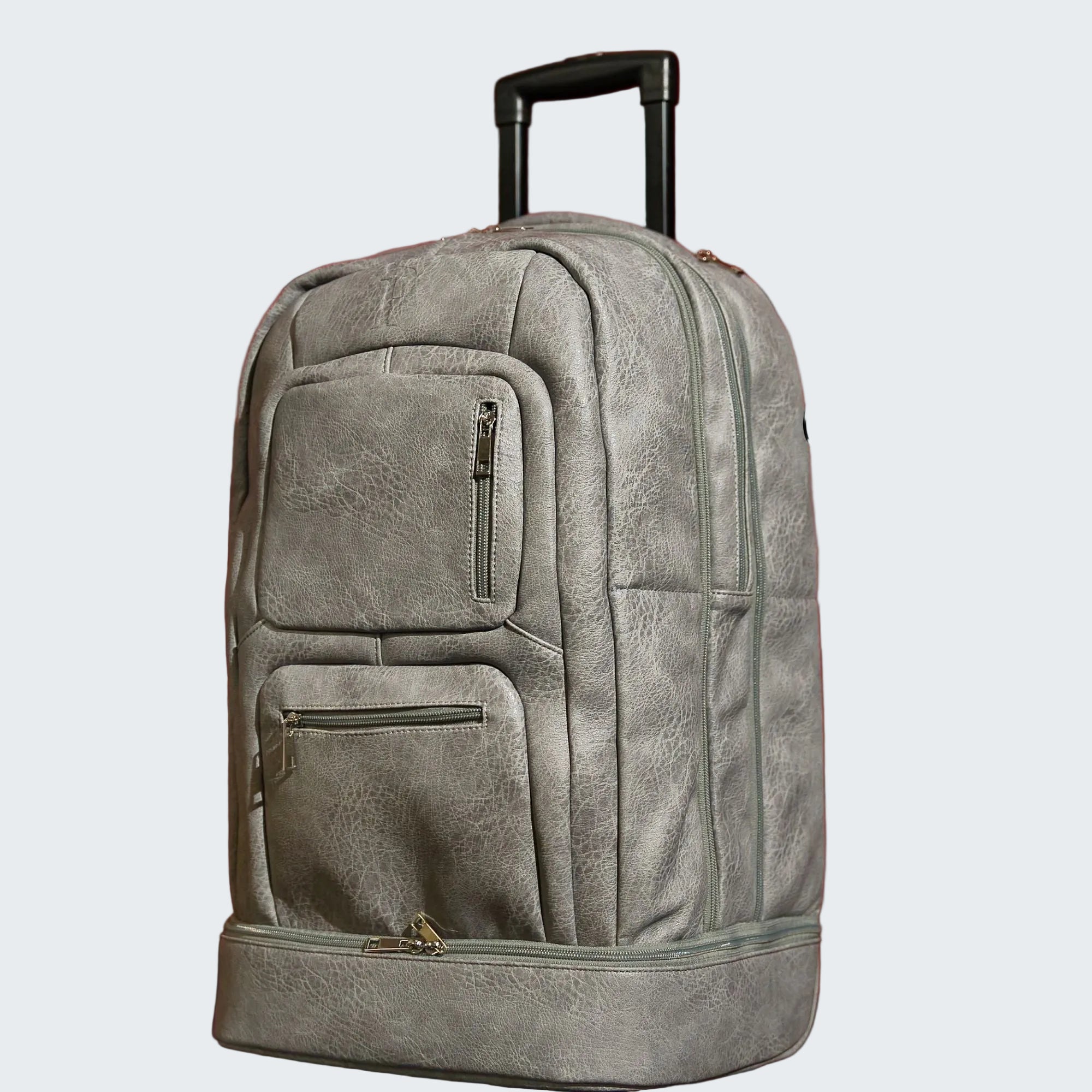 Gray backpack with wheels on a red background, featuring 'Best Seller' and magazine logos.