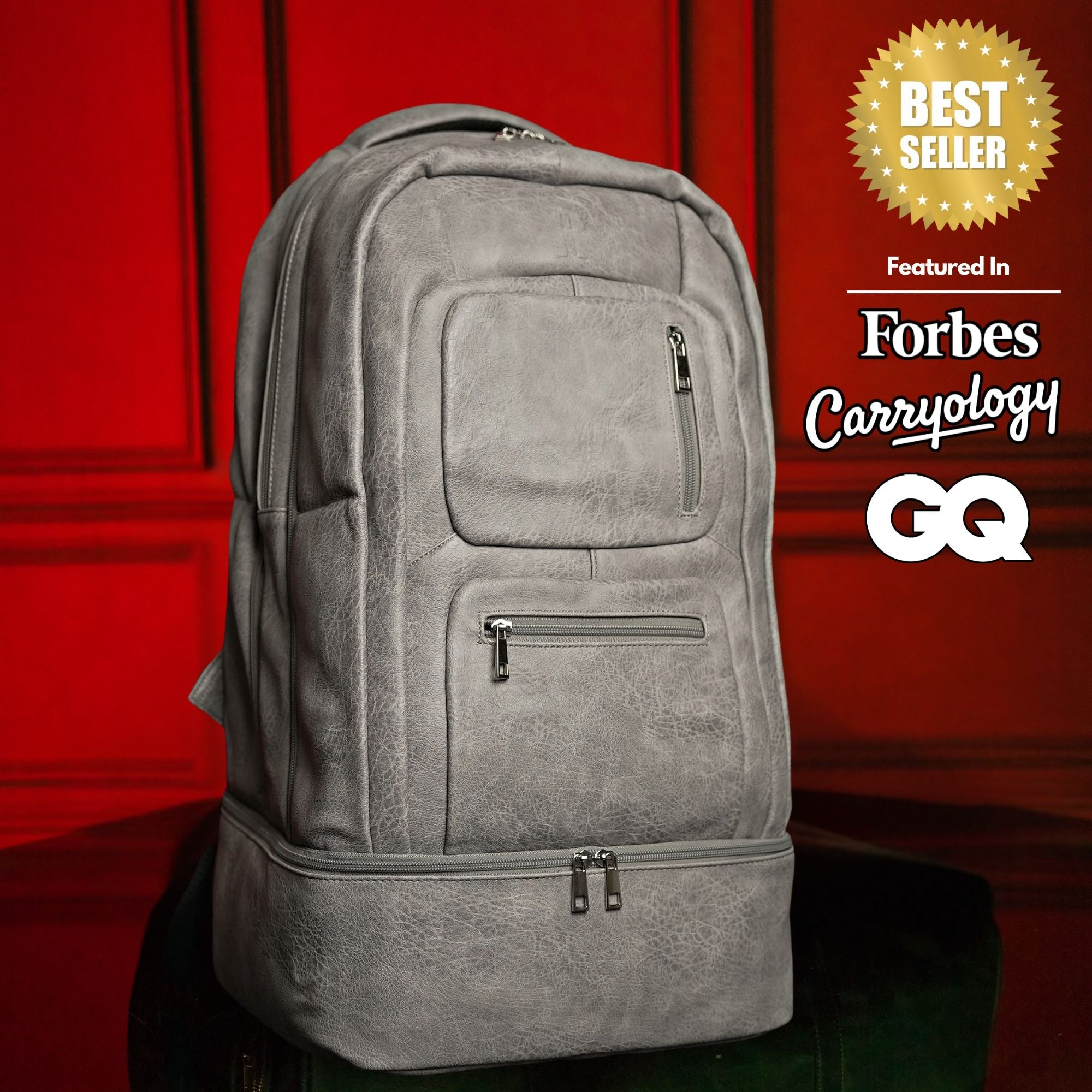 Gray backpack on a red background with 'Best Seller' and magazine logos displayed.