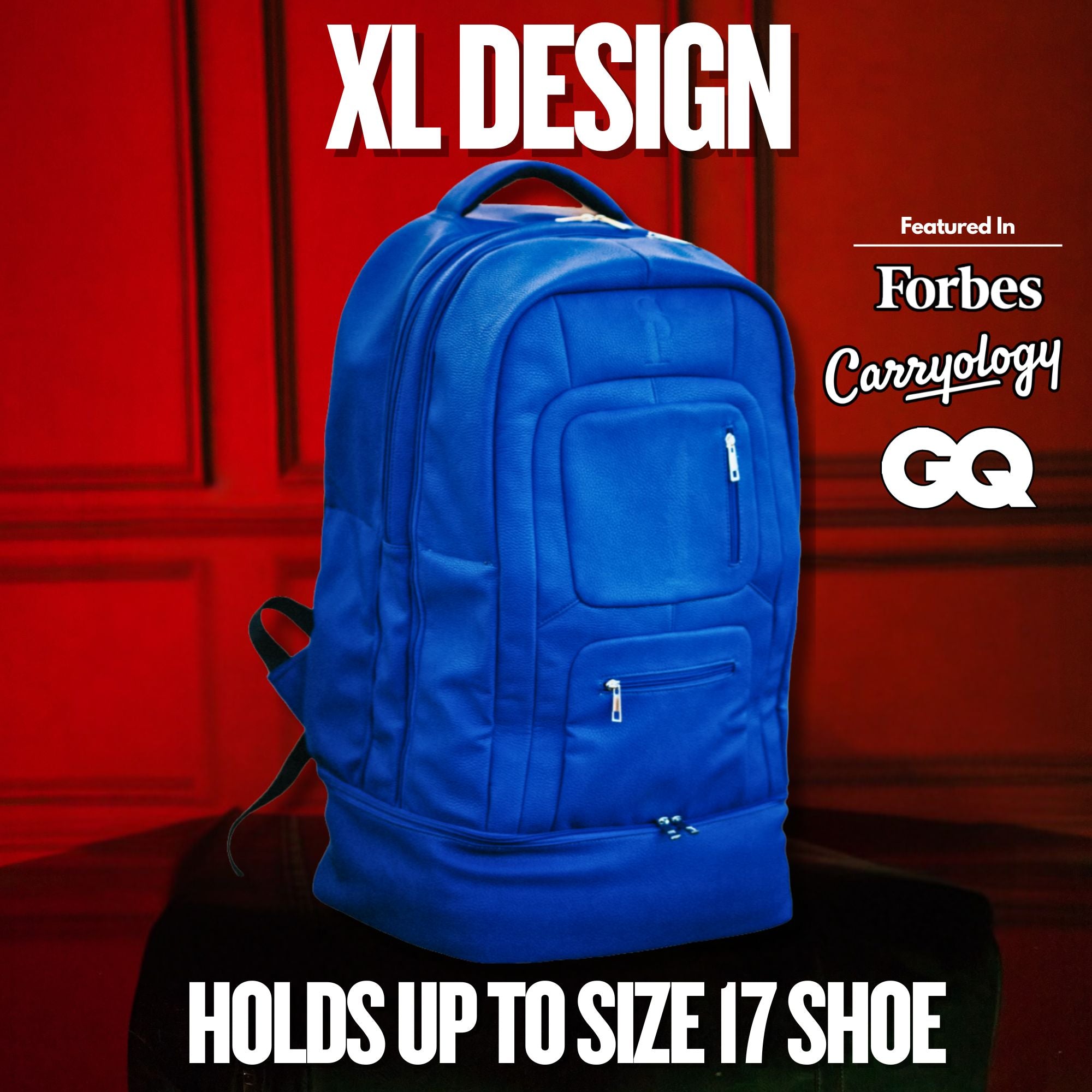 Blue backpack on a stand with a red background and magazine references.