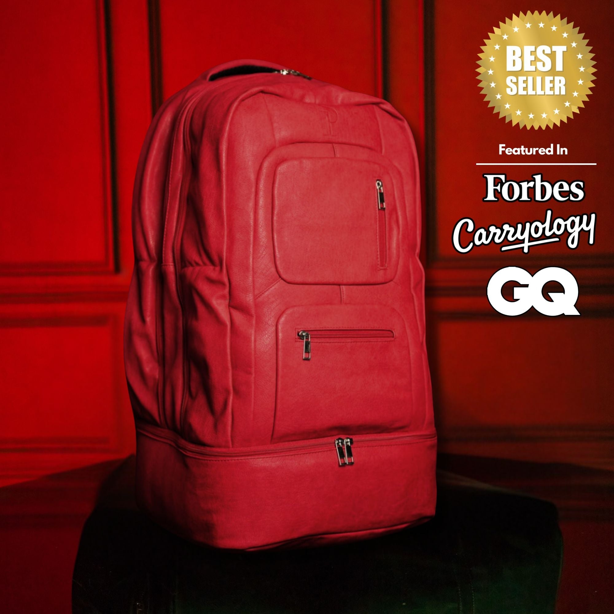 Red backpack on a red background with 'Best Seller' and magazine references.