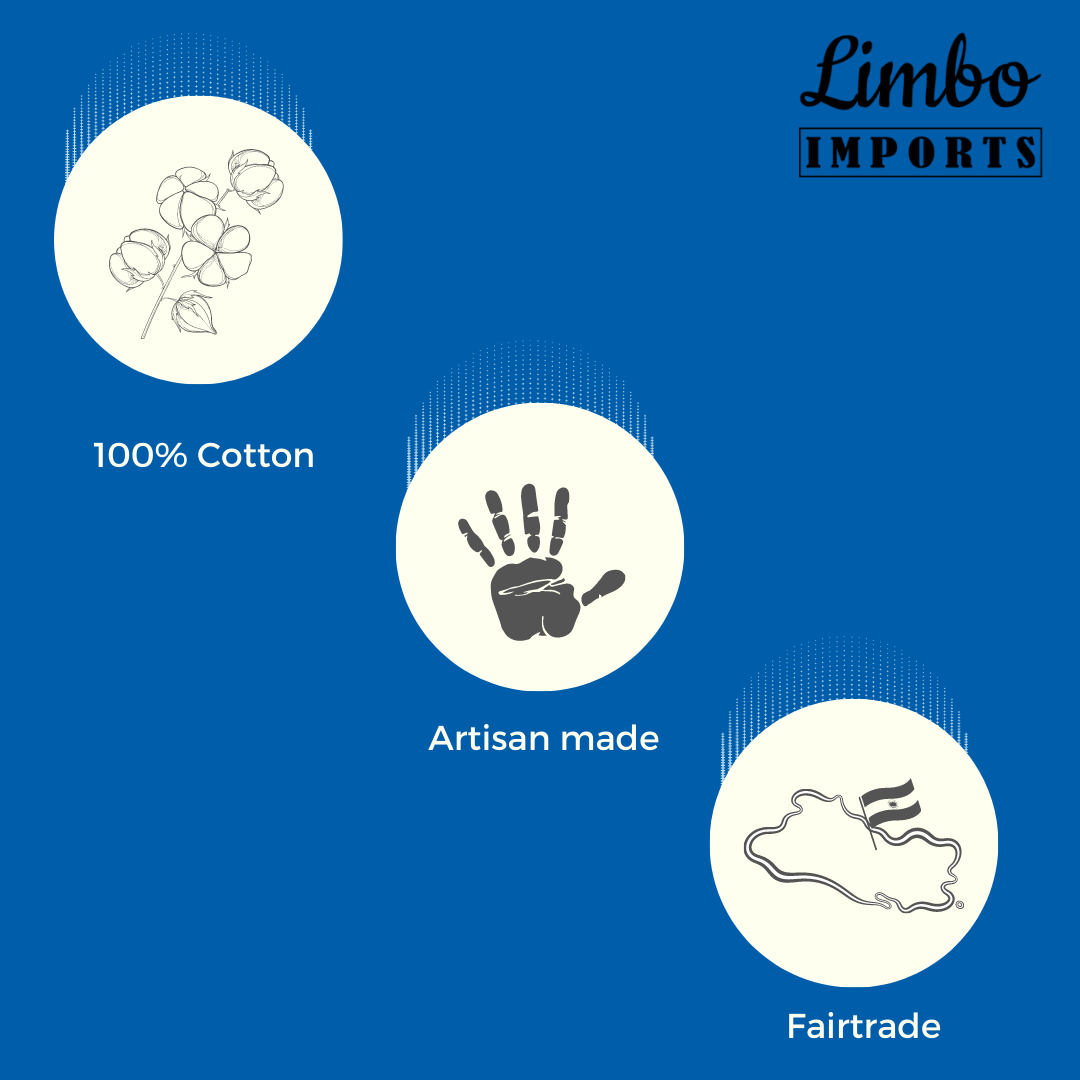 Icons indicating 100% cotton, artisan made, and Fairtrade on a blue background with Limbo Imports branding.