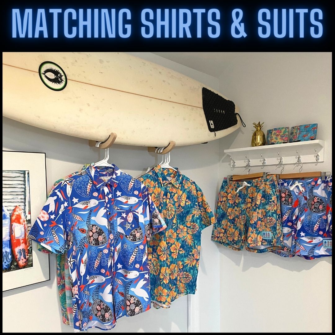 Colorful matching shirts and suits displayed on hangers with a surfboard in the background.