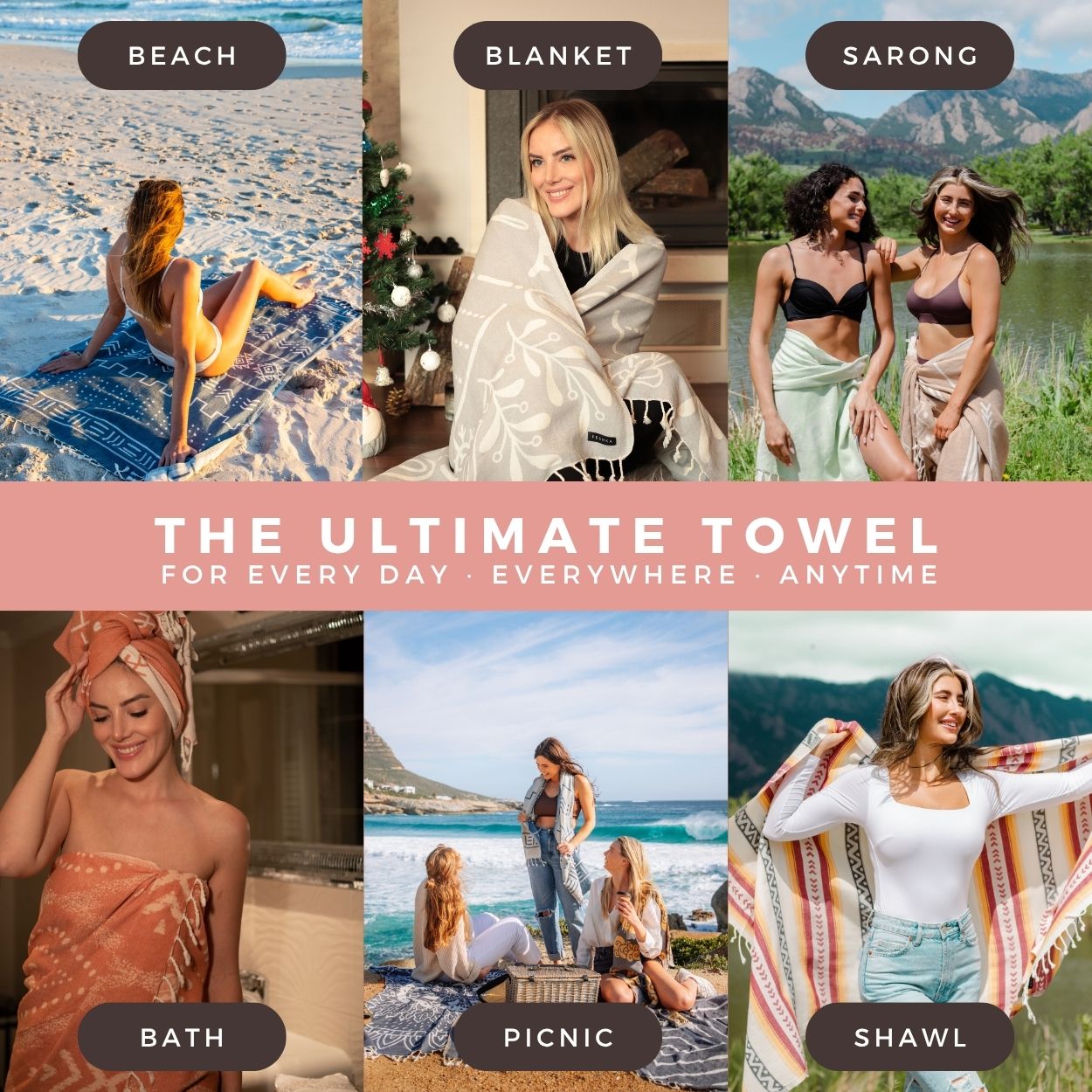 Collage of people using towels for various activities with text 'The Ultimate Towel' at the bottom.