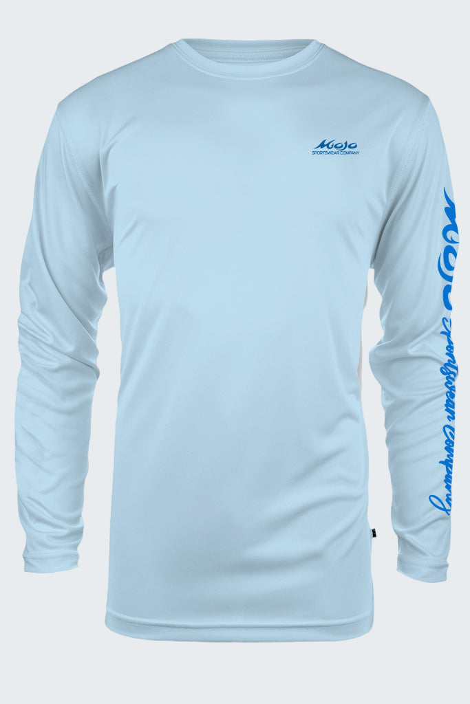 Light blue long-sleeve shirt with blue branding on a white background