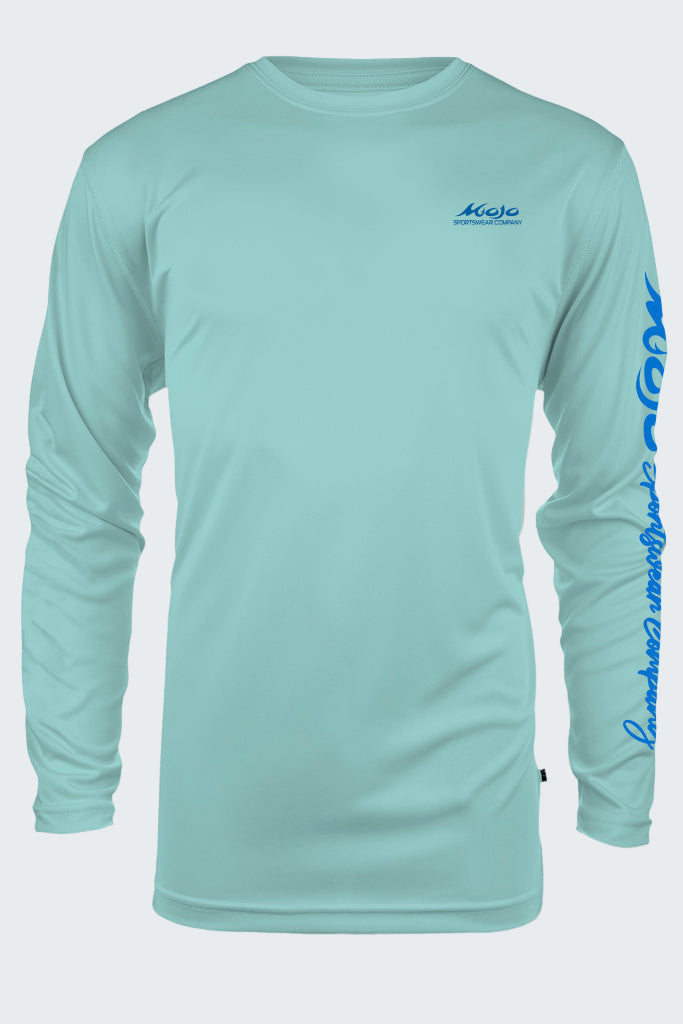 Light blue long-sleeve shirt with blue branding on a white background