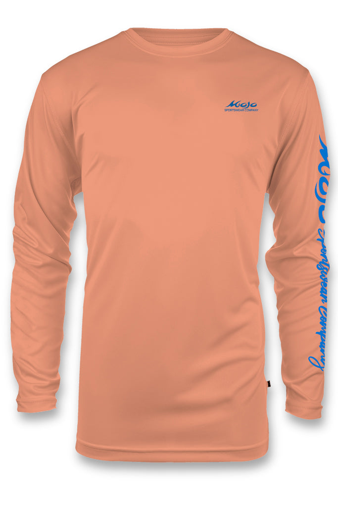 Orange long-sleeve shirt with blue branding on a white background
