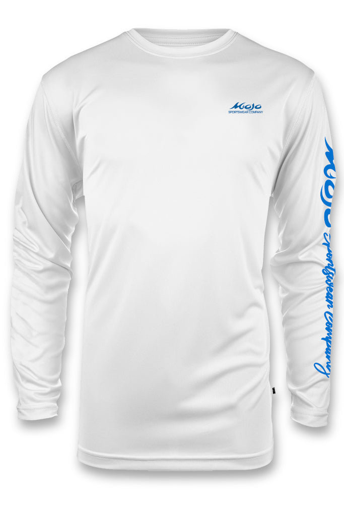 White long-sleeve shirt with blue branding on a white background