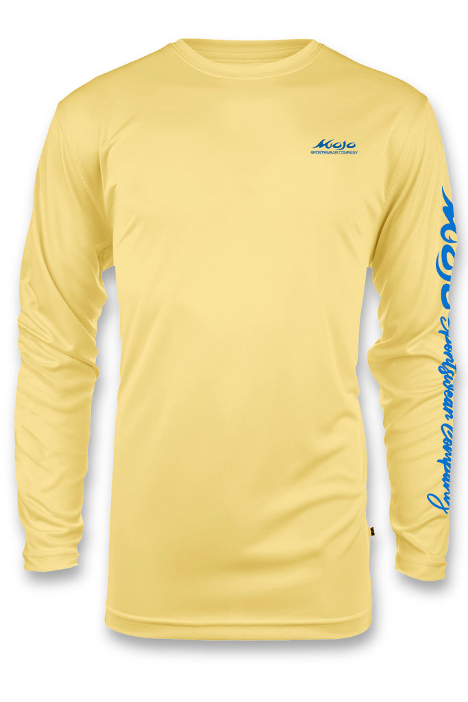 Yellow long-sleeve shirt with blue branding on a white background