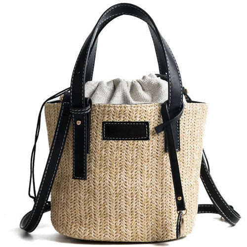 Coseey Straw Shoulder Bucket Bag with Vegan Leather Handle