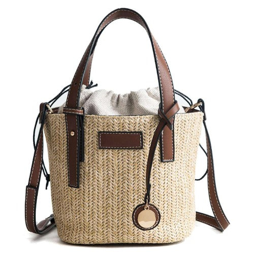 Coseey Straw Shoulder Bucket Bag with Vegan Leather Handle