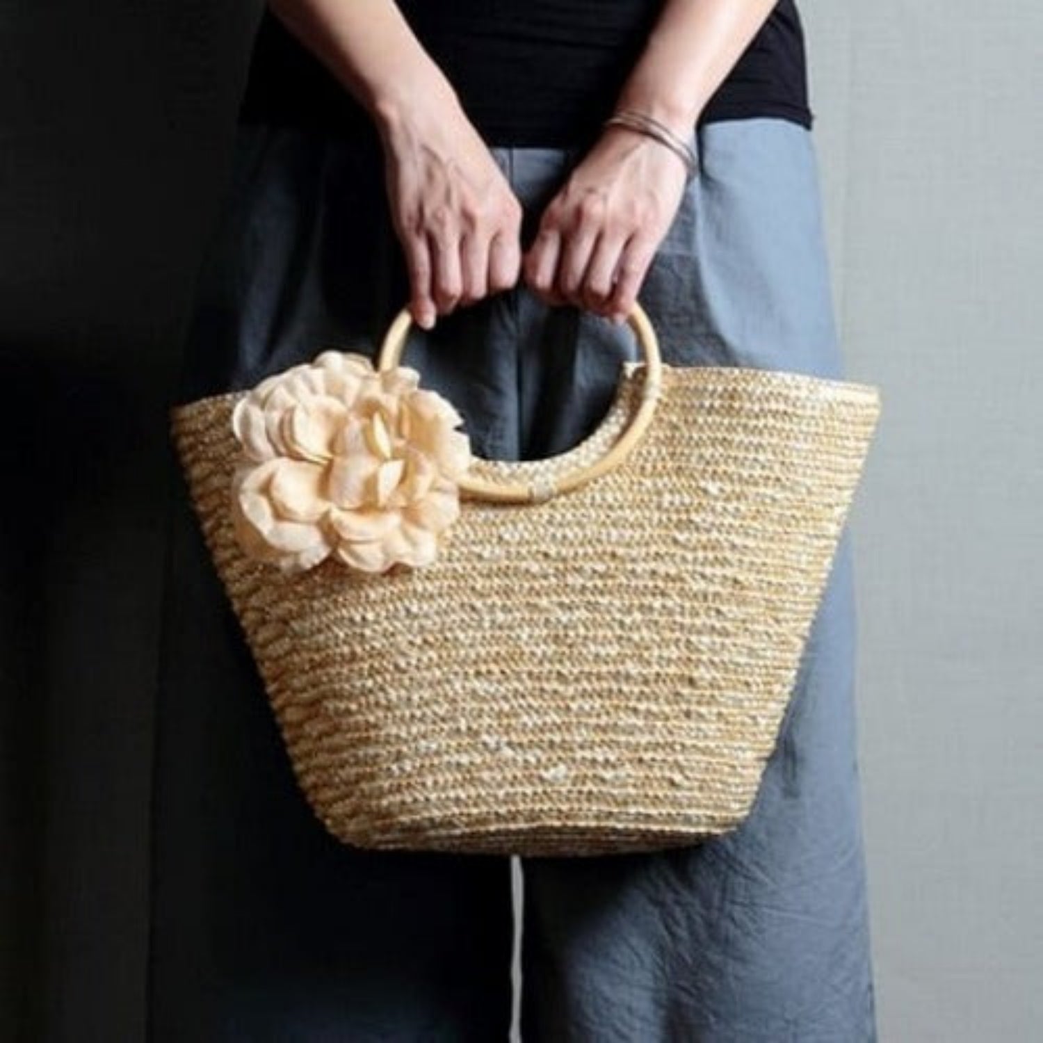 Coseey Woven Straw Tote with Flowers