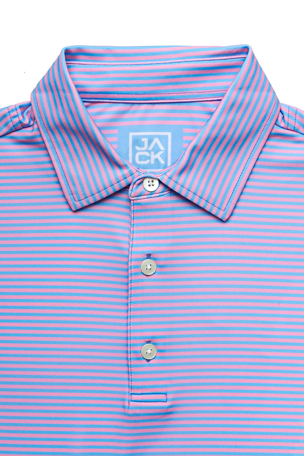 Blue and pink striped polo shirt with a brand logo on a white background