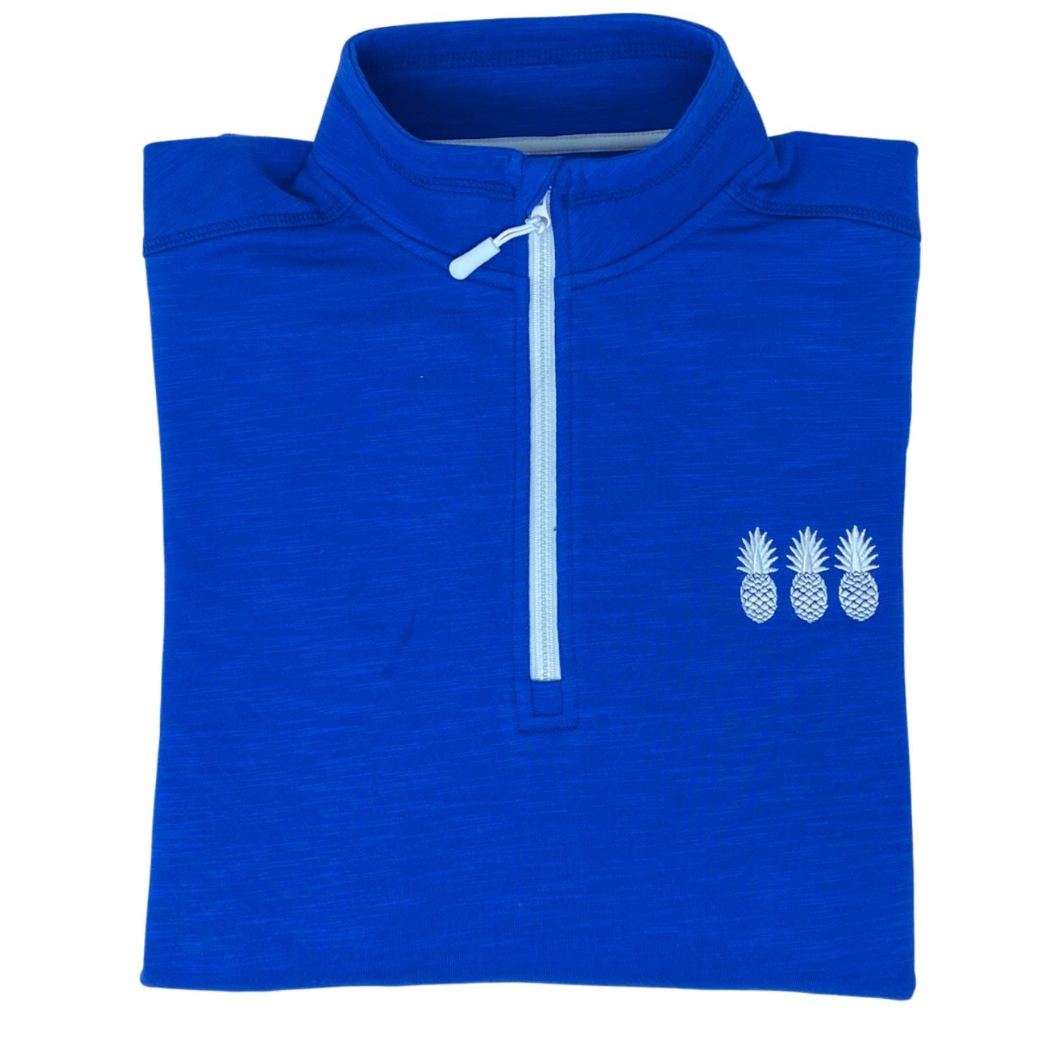 Blue pullover with a zipper and pineapple designs on a white background