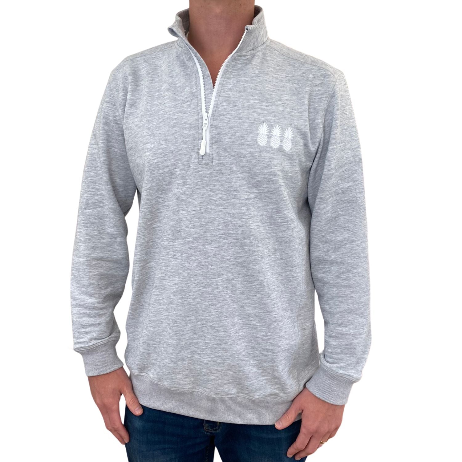 Gray pullover with a logo on a white background