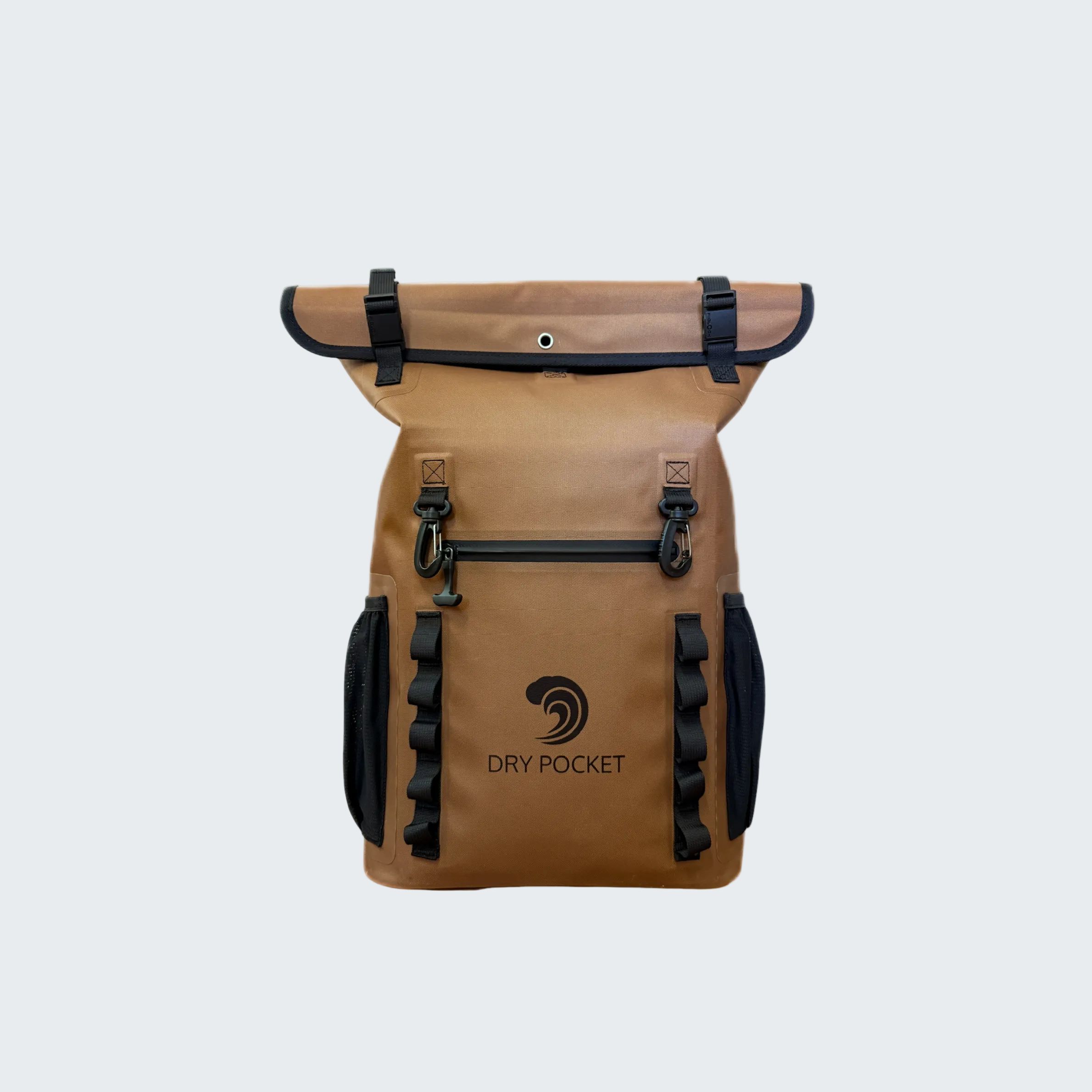 Brown backpack with black accents and 'Dry Pocket' logo on a white background