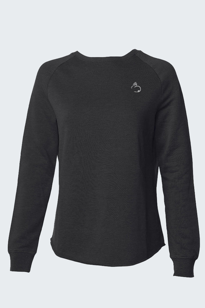 Black long-sleeve shirt with a small logo on a white background