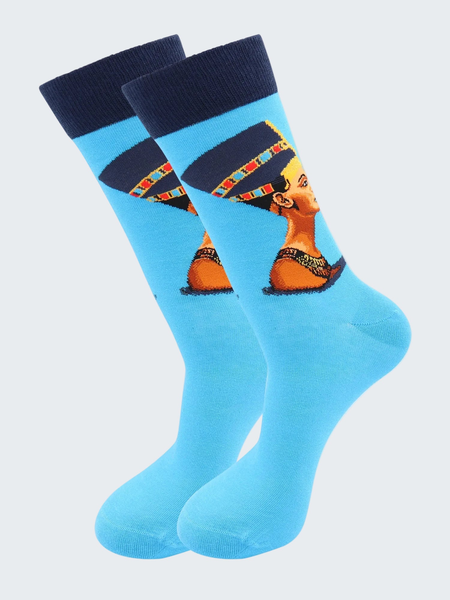 Pair of socks with a design of a woman's face on a blue background