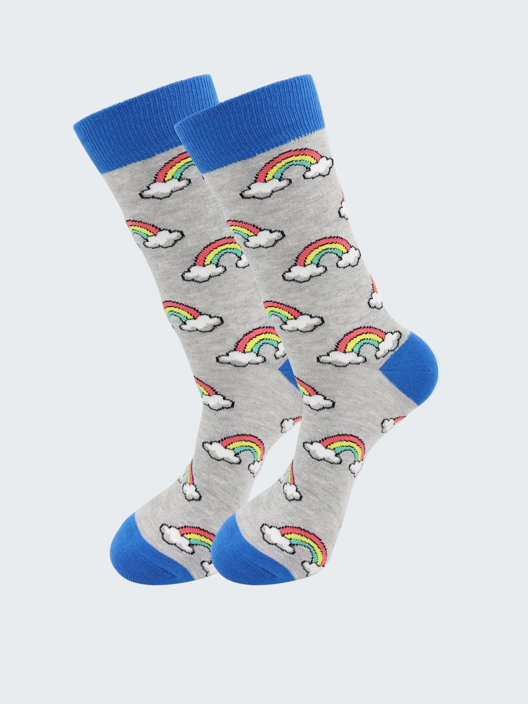 Gray socks with rainbow and cloud patterns and blue toes and cuffs on a white background