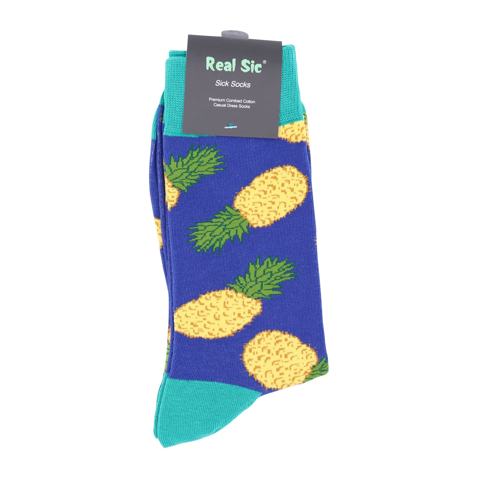 Pineapple-patterned socks with teal accents on a white background