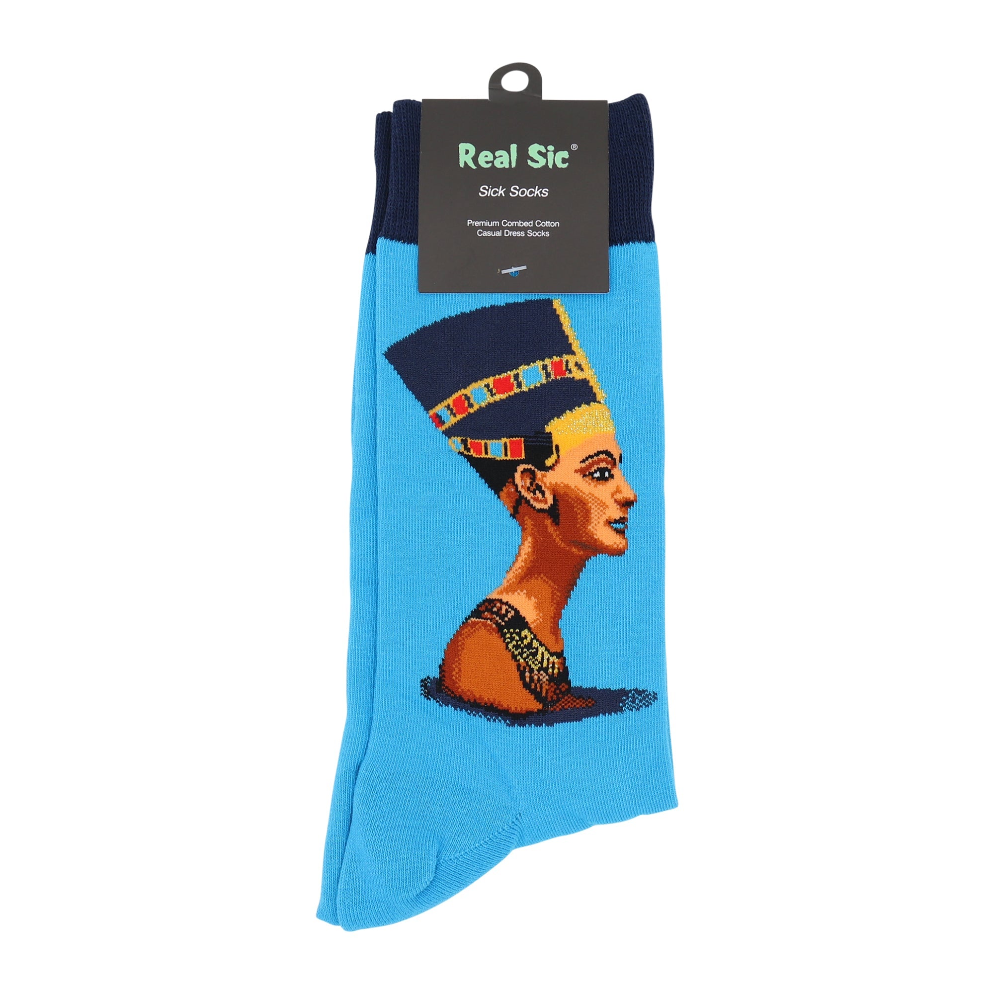 Blue sock with a design of a woman's face and colorful headdress, displayed on a white background.