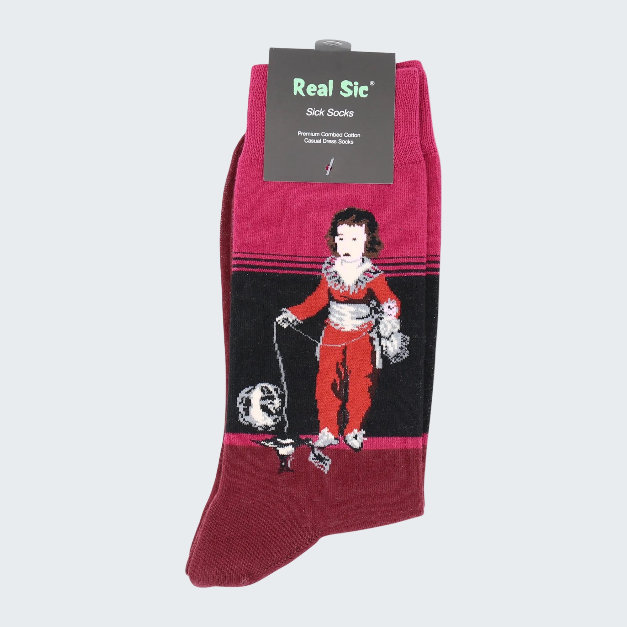 Red sock with black graphic design and 'Real Sic' label on a white background