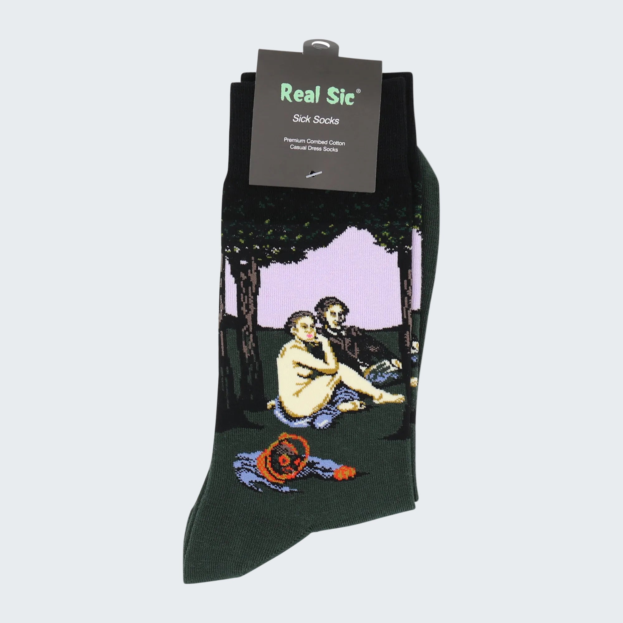 Sock with artistic design and 'Real Sic' label on a white background