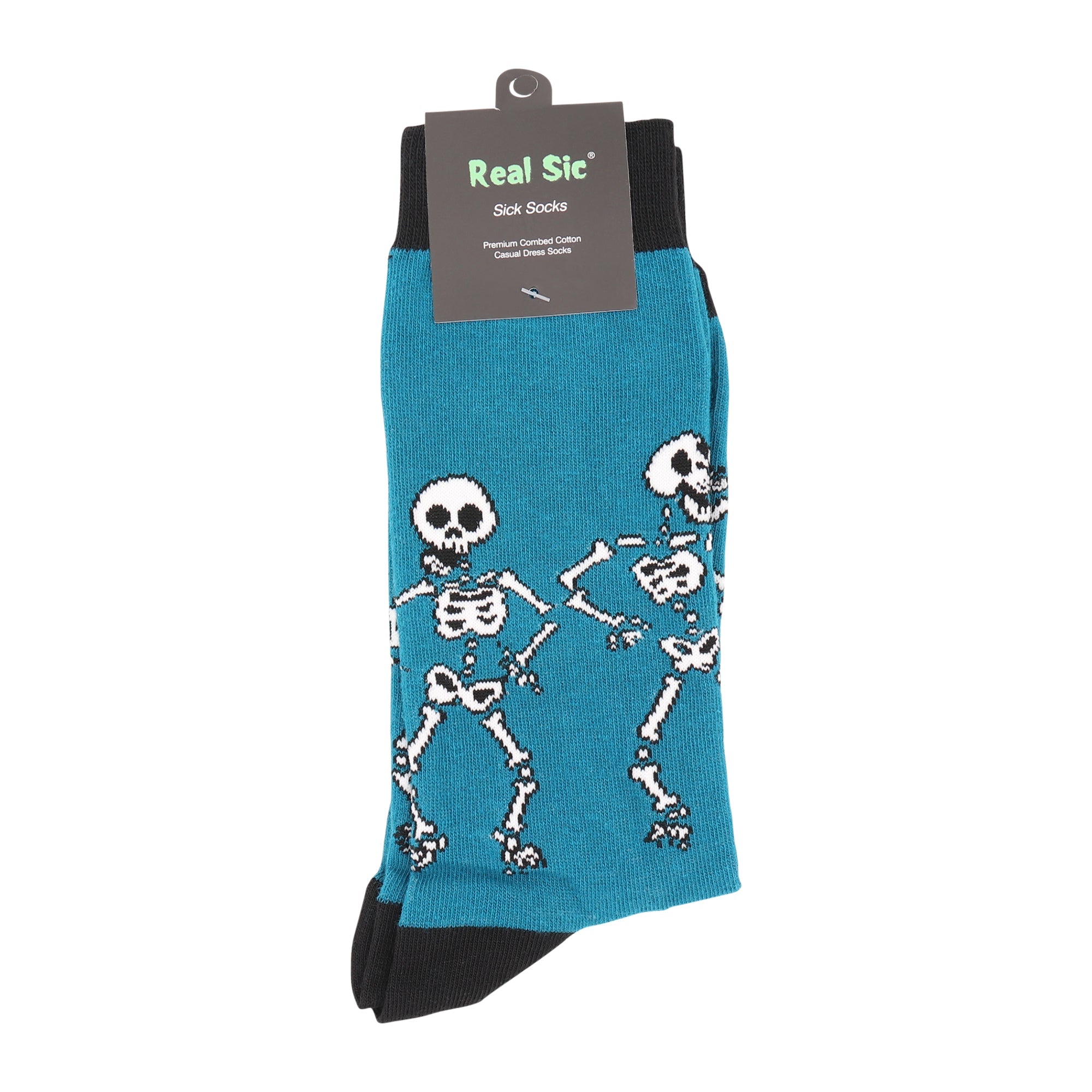 Teal sock with skeleton design and 'Real Sic' label on a white background