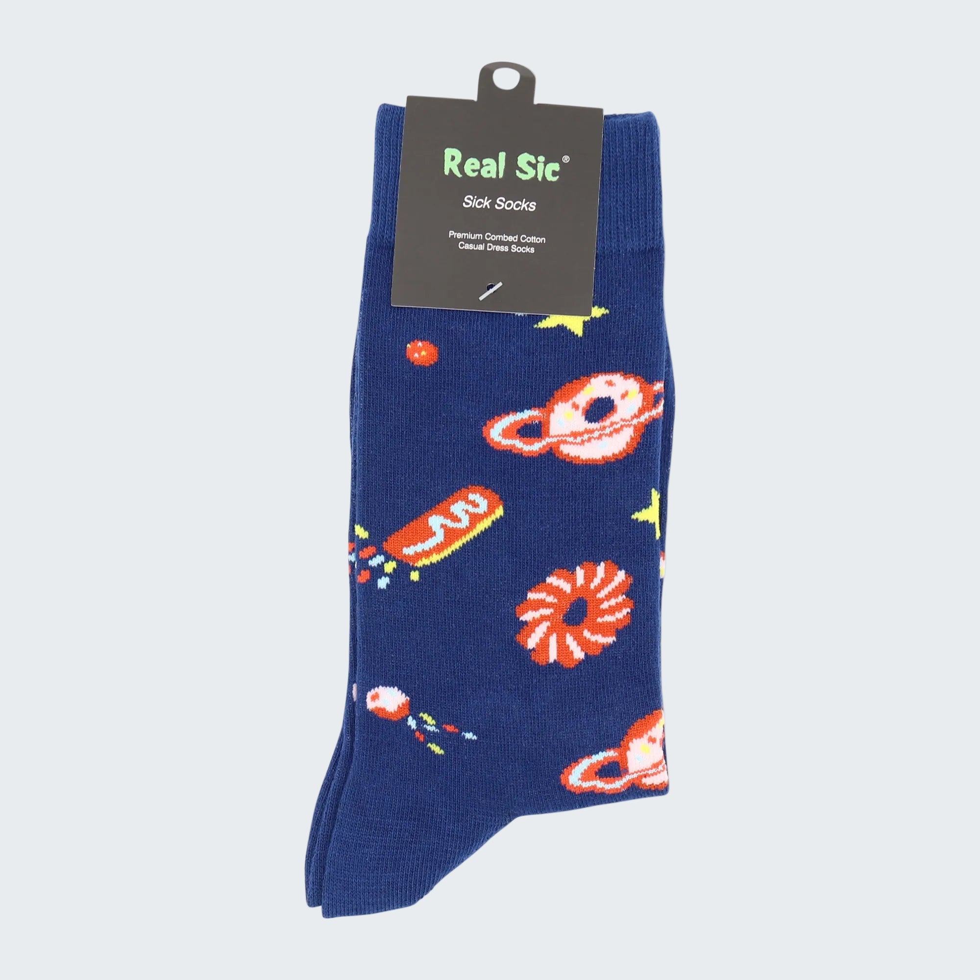 Blue sock with colorful designs on a white background, featuring 'Real Sic' brand.