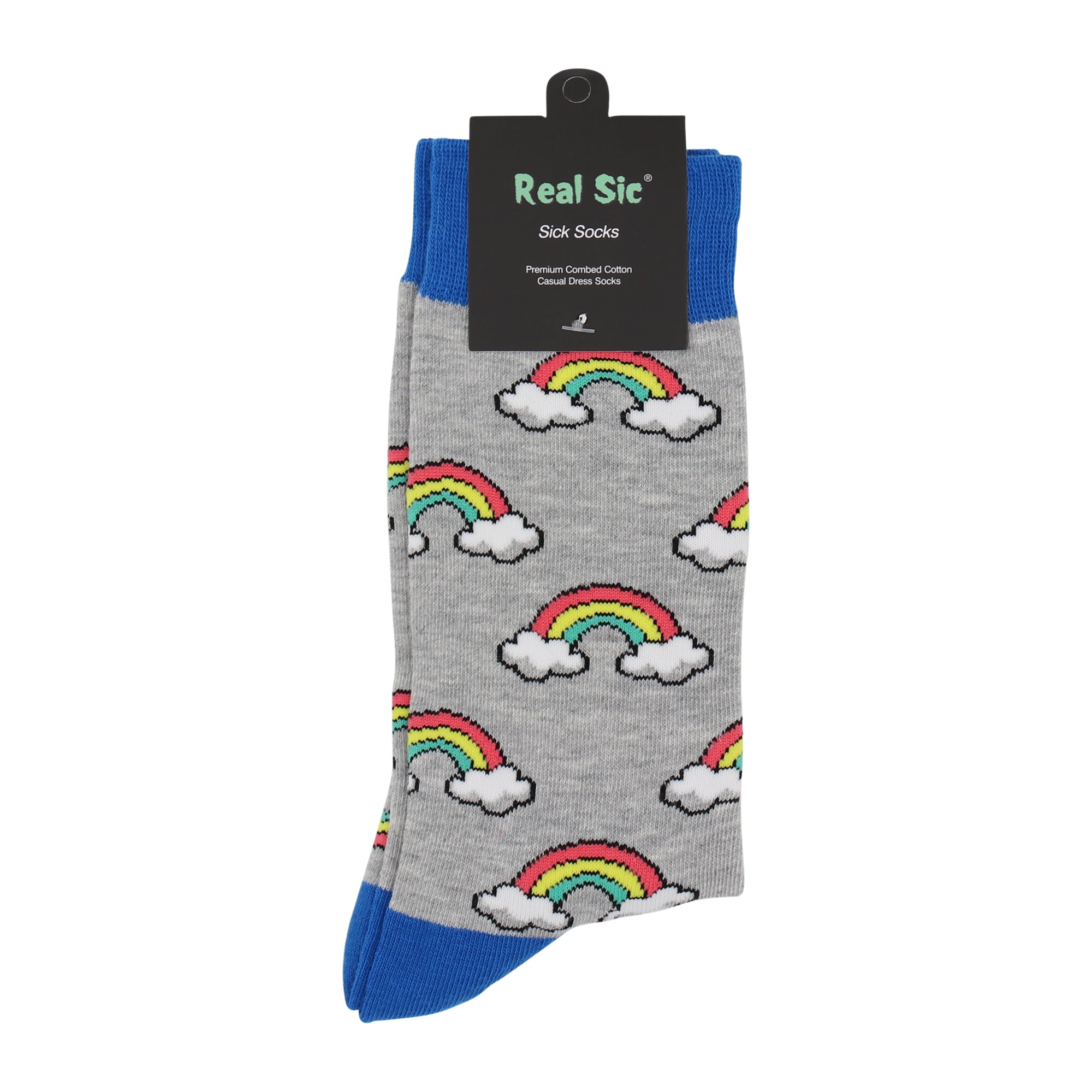 Gray socks with rainbow and cloud patterns on a white background, featuring 'Real Sic' branding.