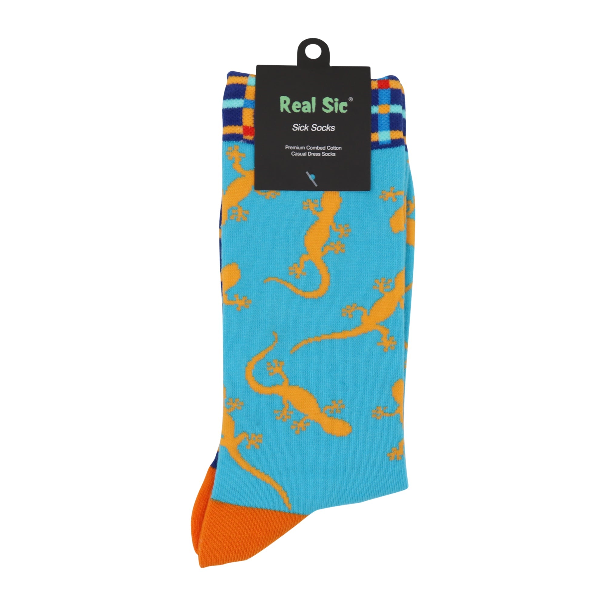 Blue sock with orange lizard pattern and 'Real Sic' label on a white background