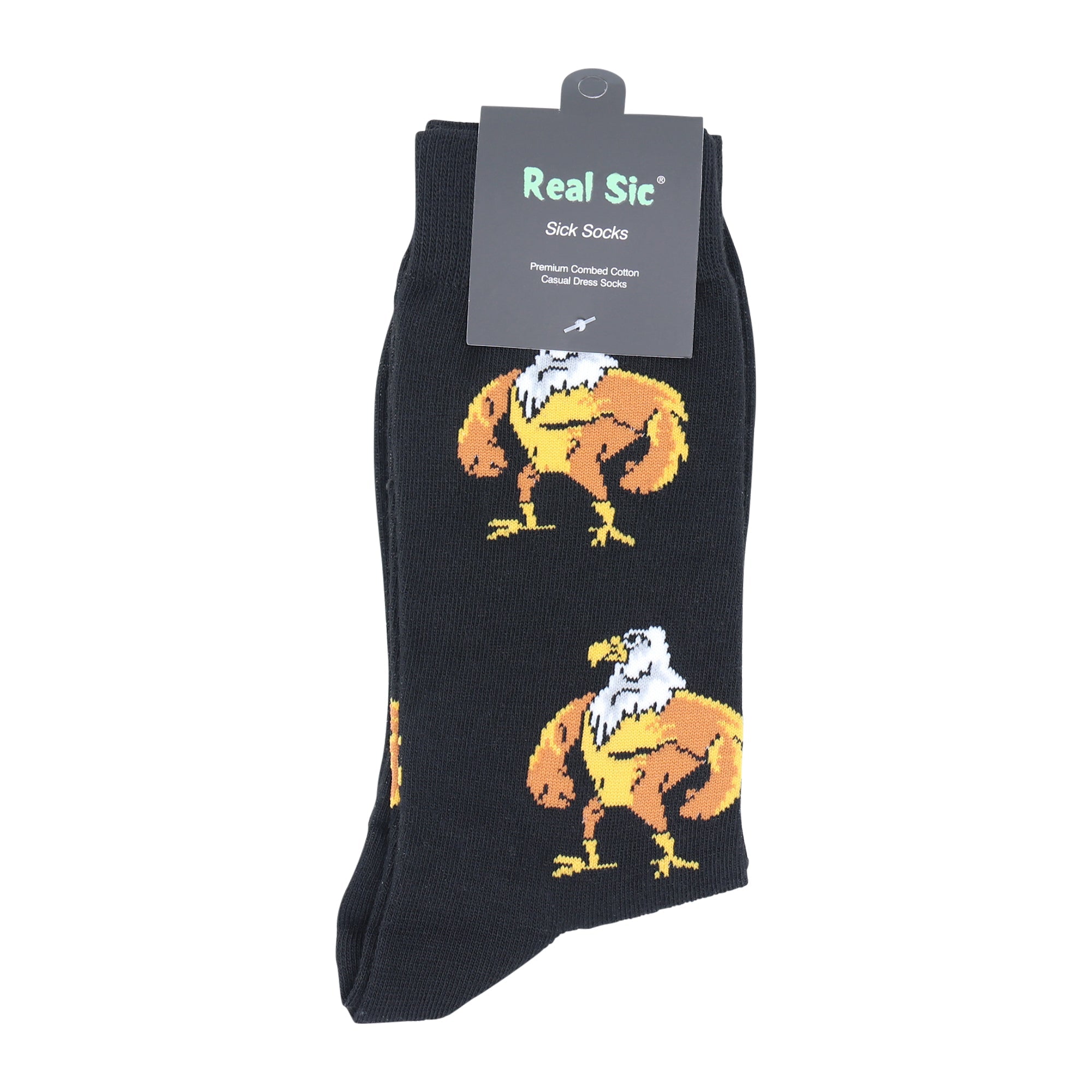 Black sock with pixelated eagle design and 'Real Sic' label on a white background