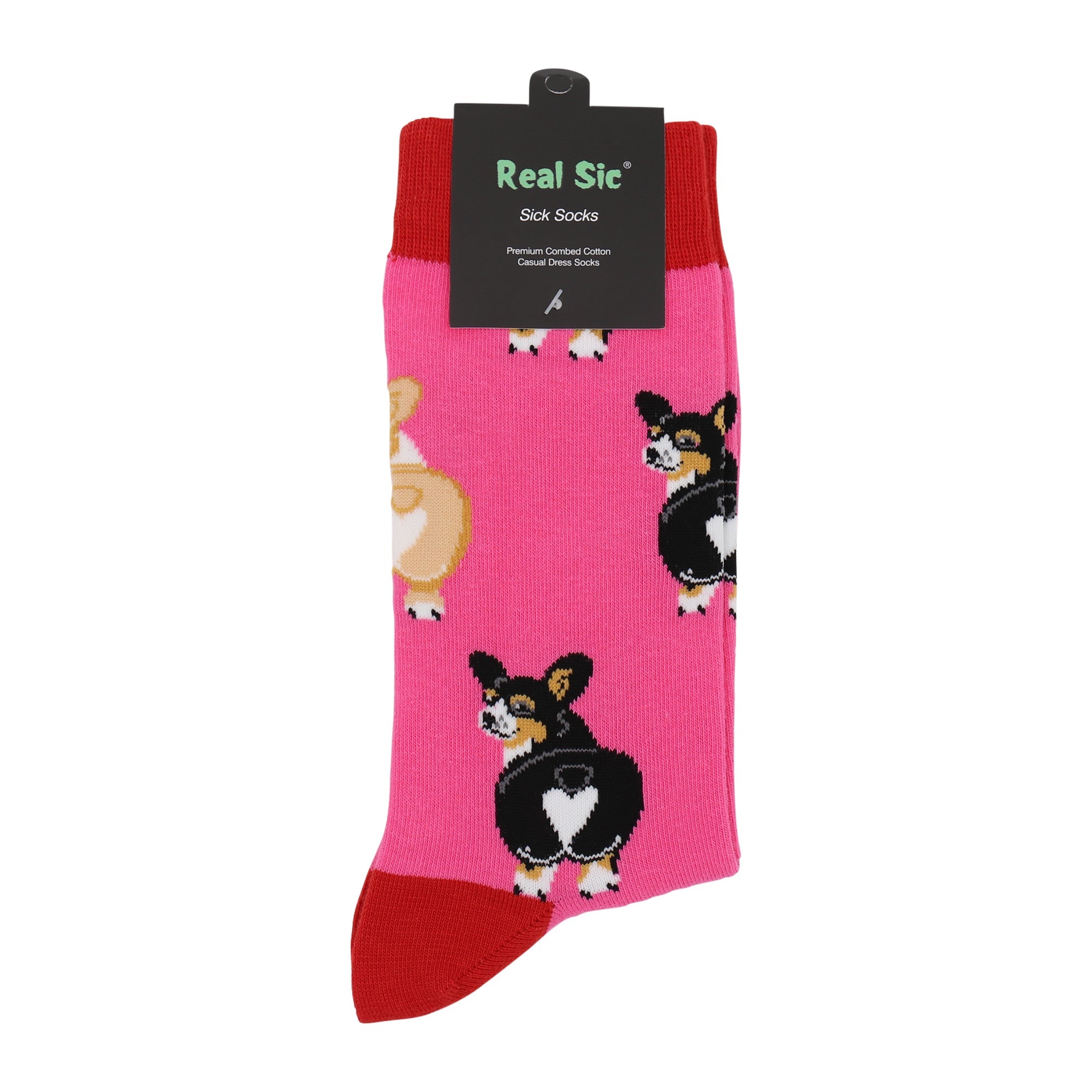 Pink sock with dog pattern and 'Real Sic' label on a white background
