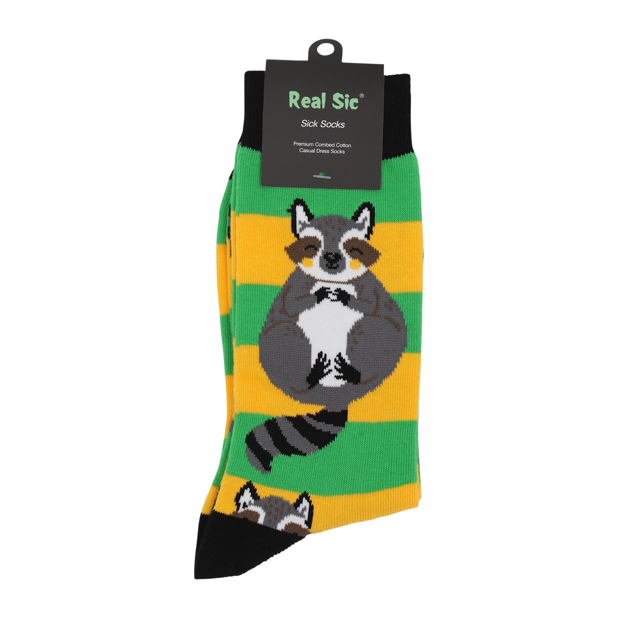 Sock with raccoon design on a green and yellow background, featuring 'Real Sic' branding.