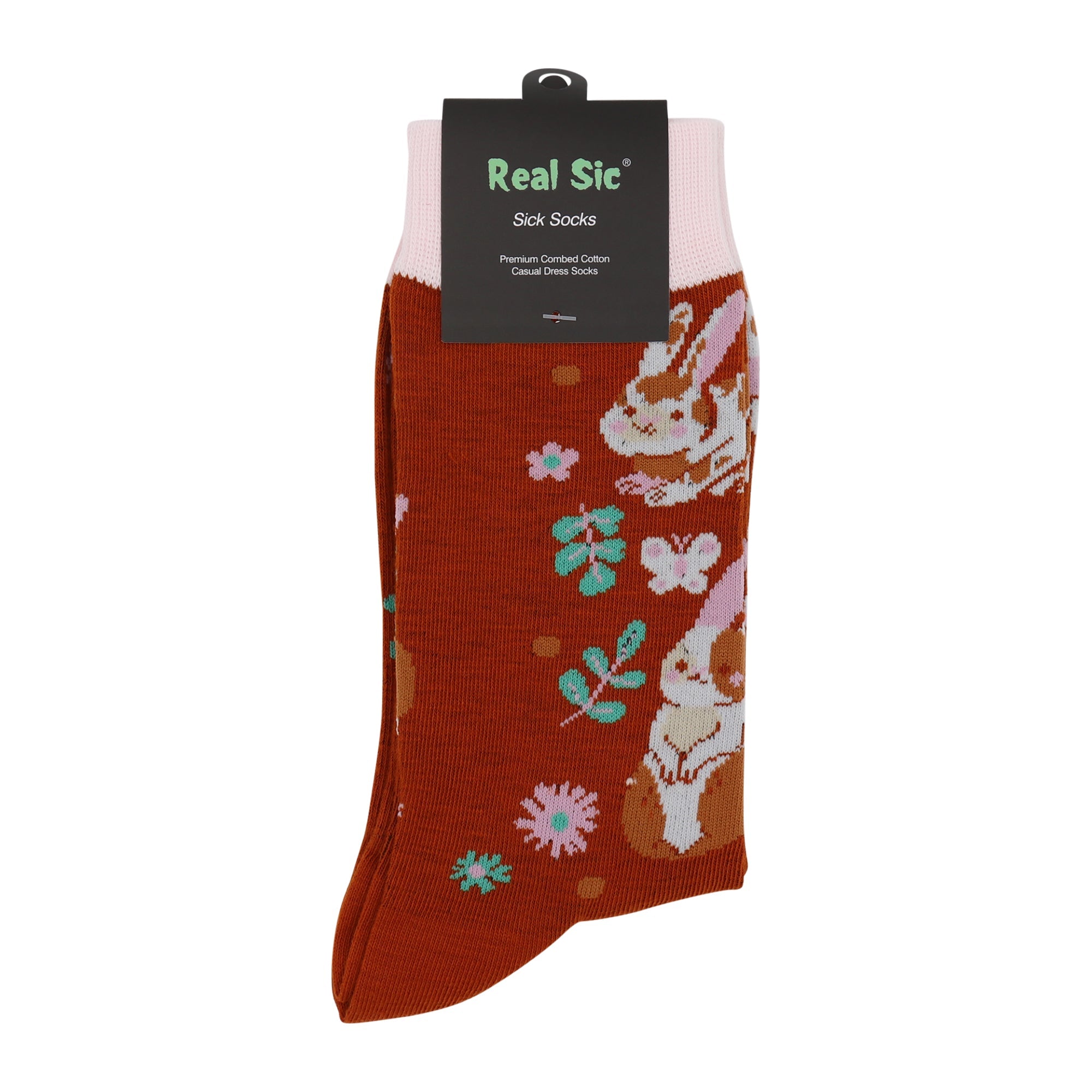 Red sock with rabbit and flower pattern on a white background, featuring 'Real Sic' brand.