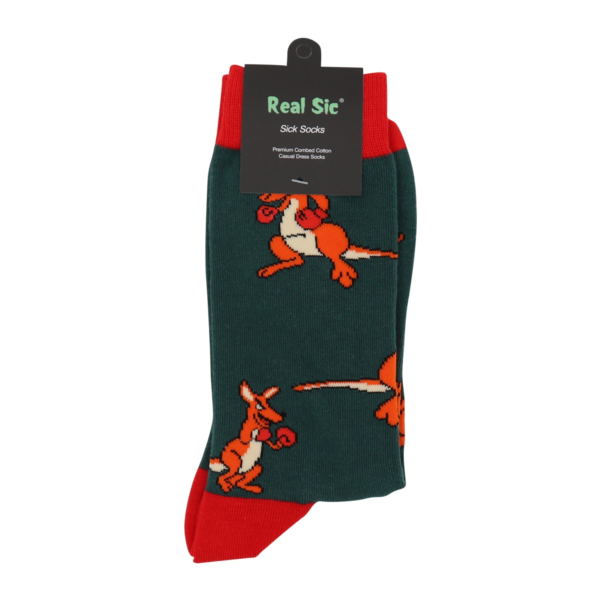 Green socks with fox pattern and red accents, featuring 'Real Sic' brand on a white background.