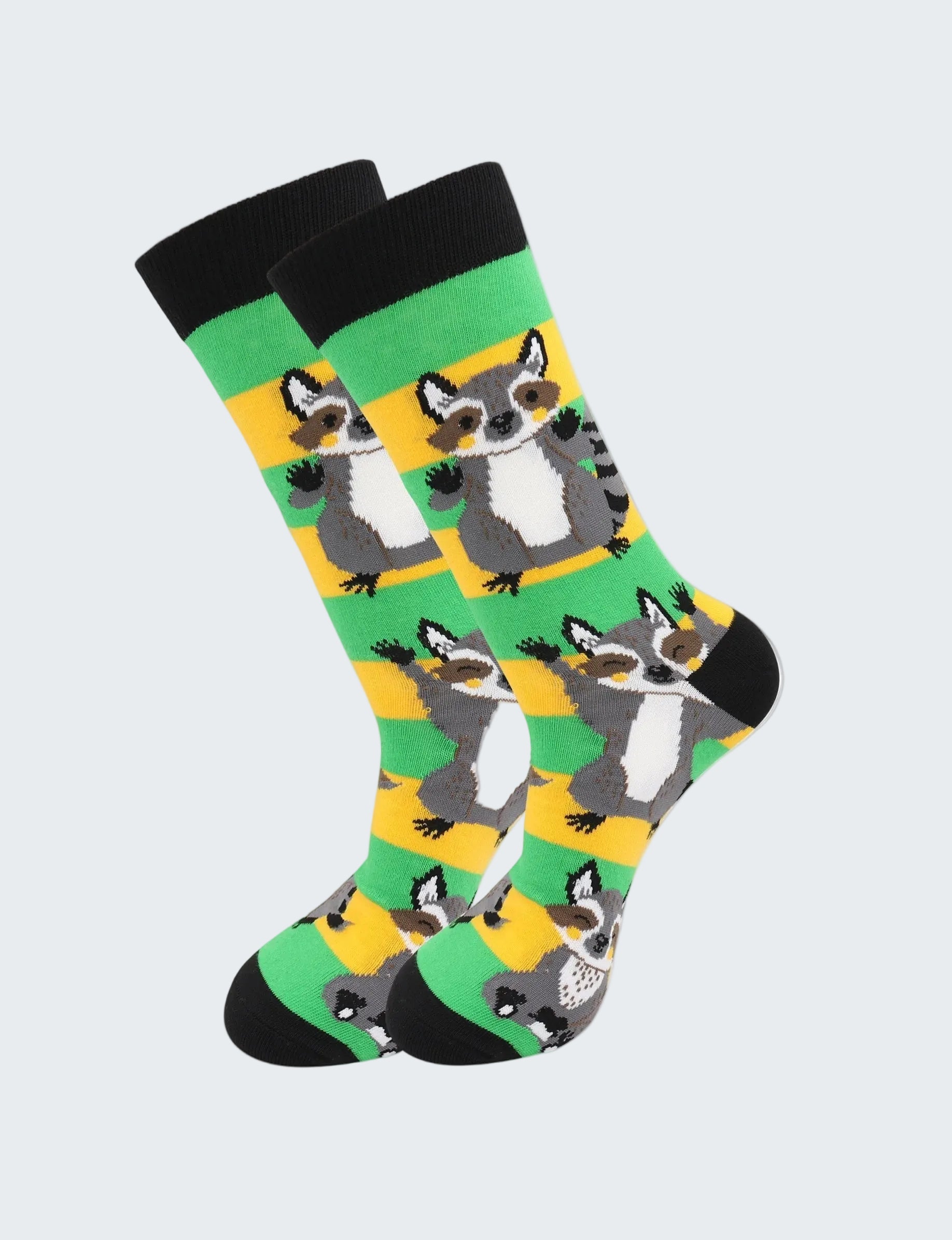 Colorful socks with raccoon pattern on a white background