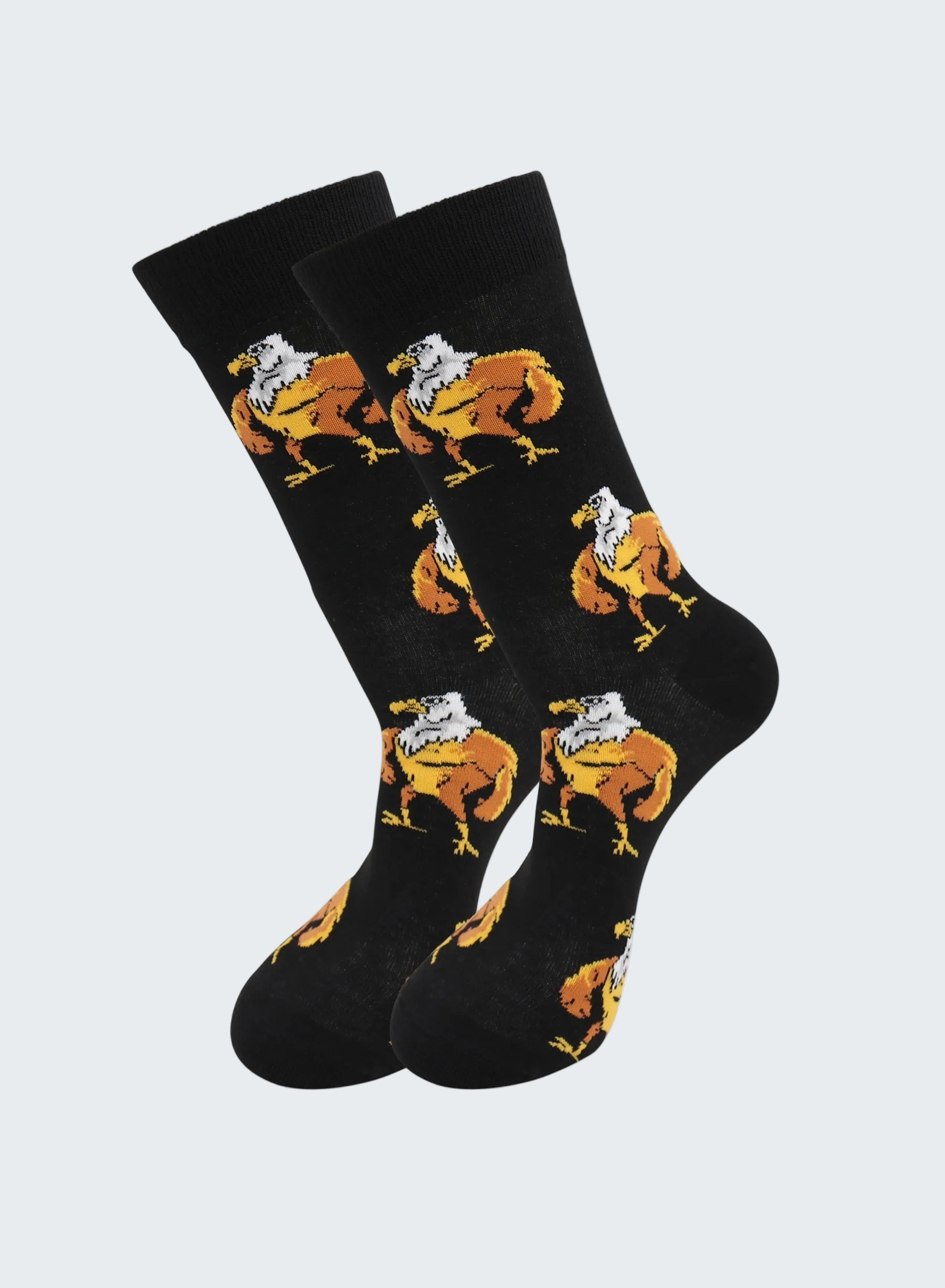 Black socks with eagle design on a white background