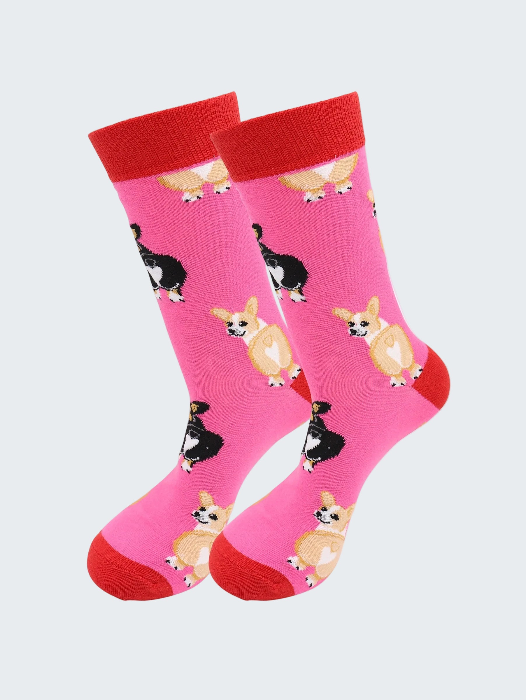 Pink socks with dog patterns on a white background