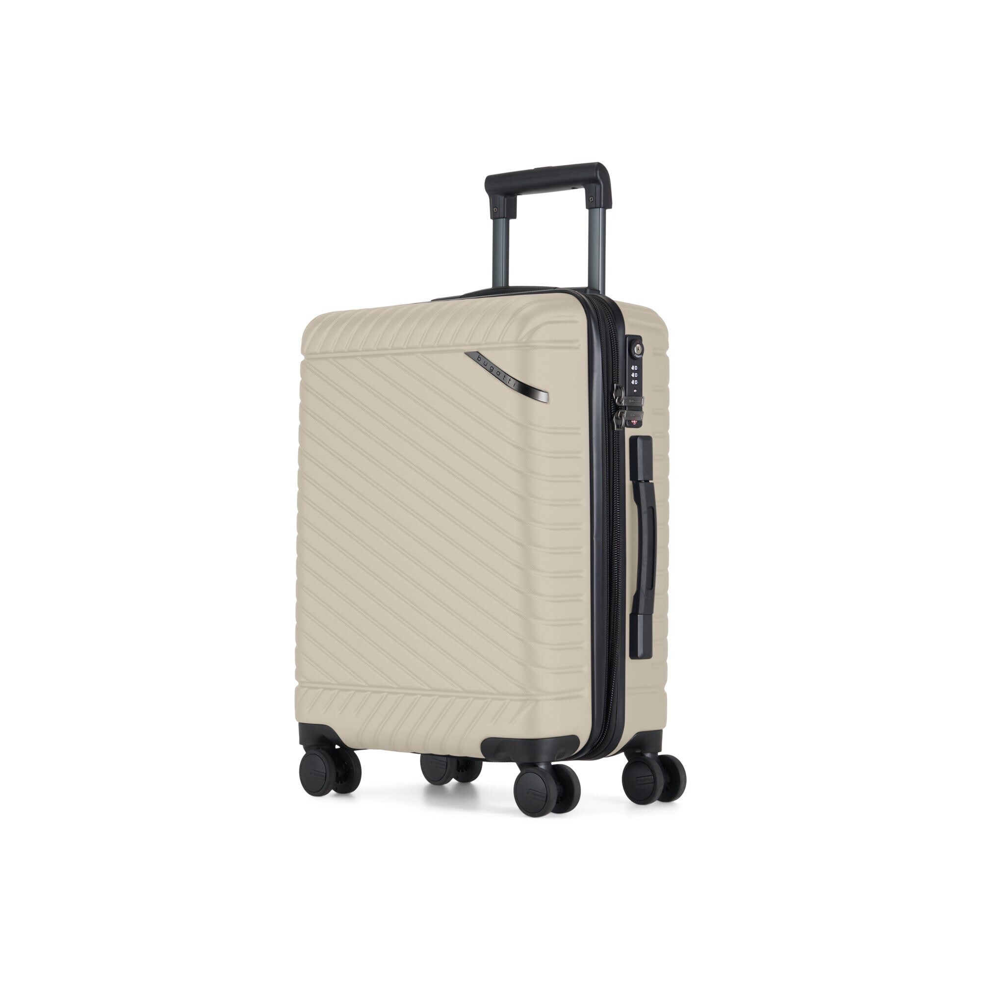 Beige suitcase with black handle and wheels on a white background