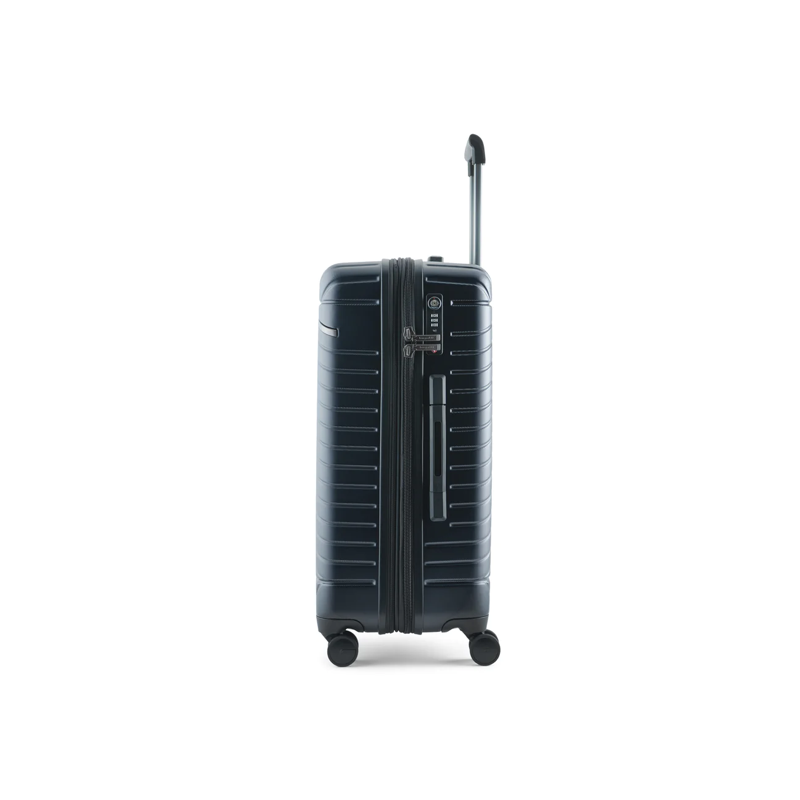 Black suitcase with a visible brand logo on a white background