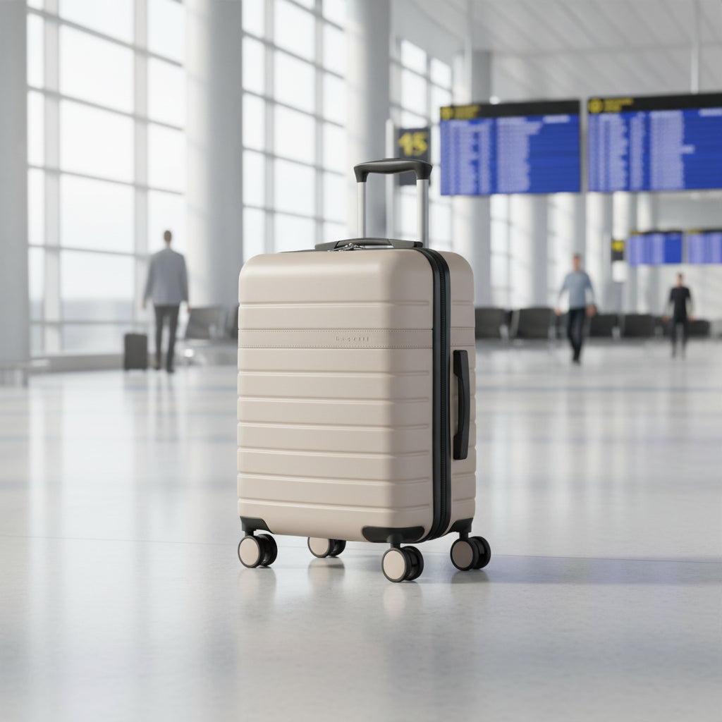 Beige suitcase with black accents on a white background