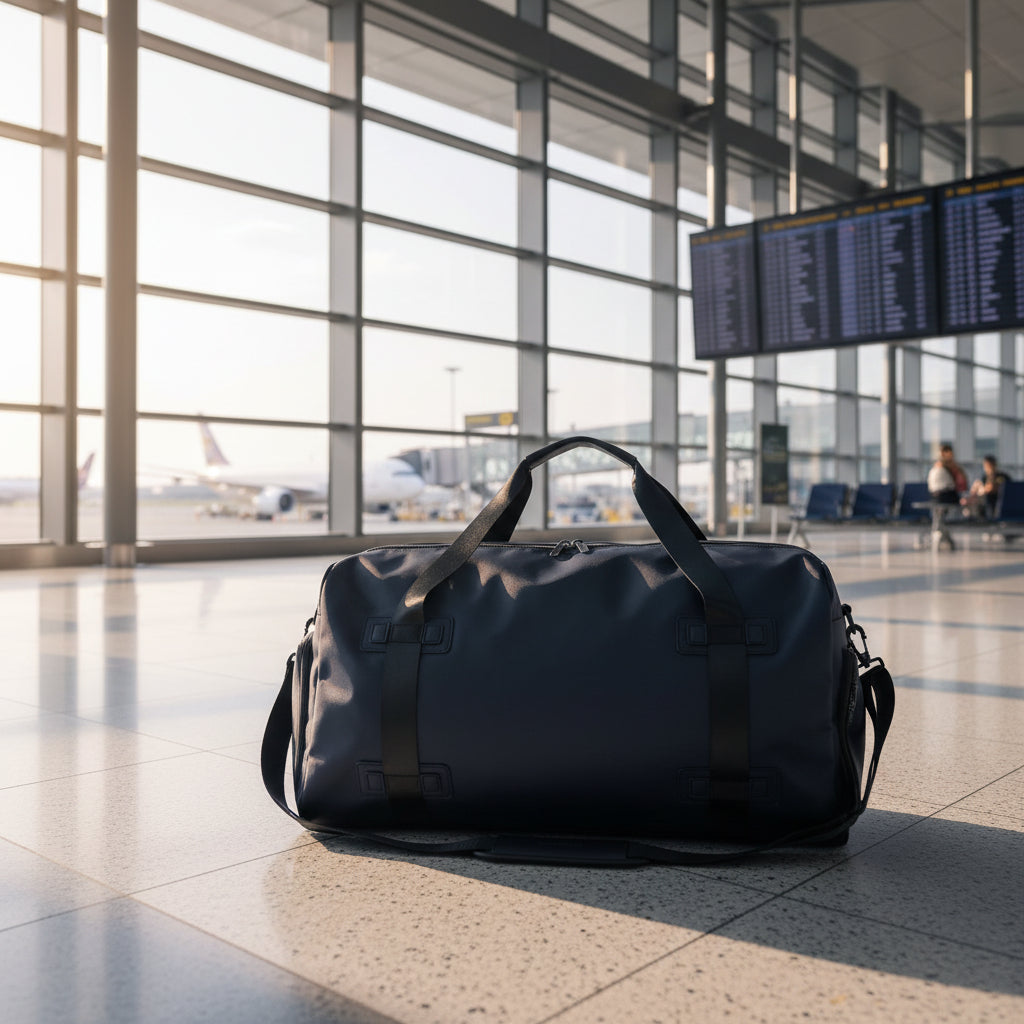 Navy duffel bag with black straps on a white background