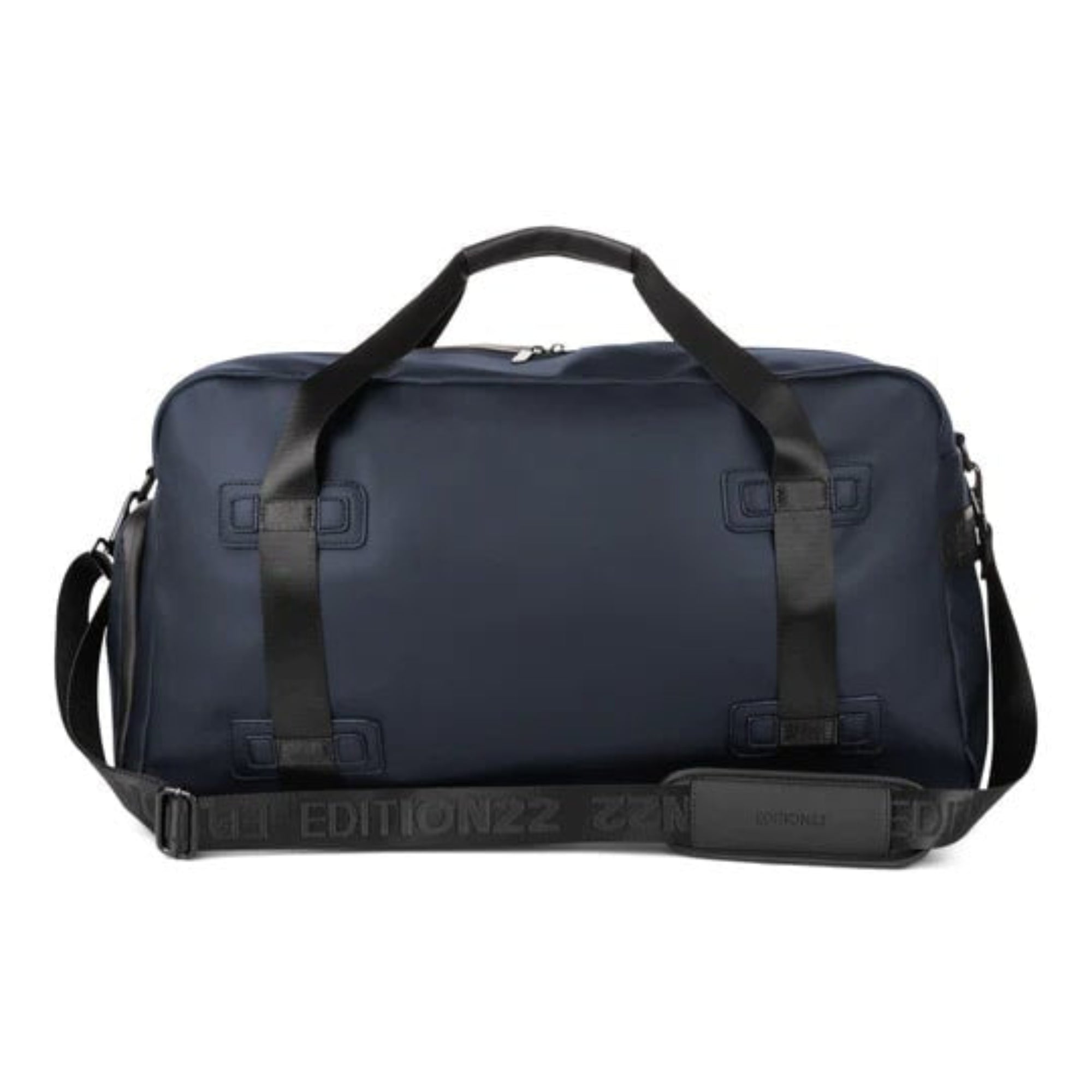 Navy duffel bag with black straps on a white background